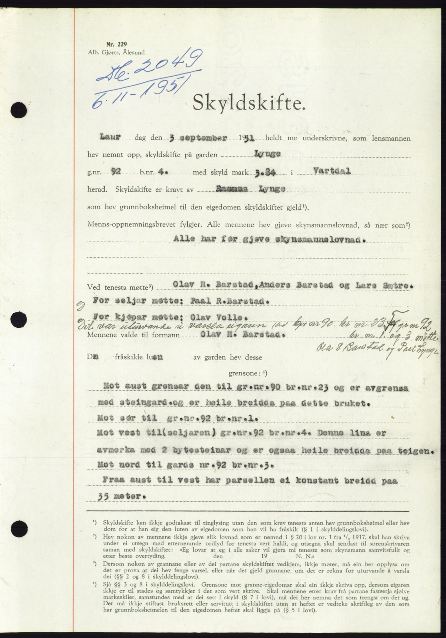 Søre Sunnmøre sorenskriveri, AV/SAT-A-4122/1/2/2C/L0090: Mortgage book no. 16A, 1951-1951, Diary no: : 2049/1951