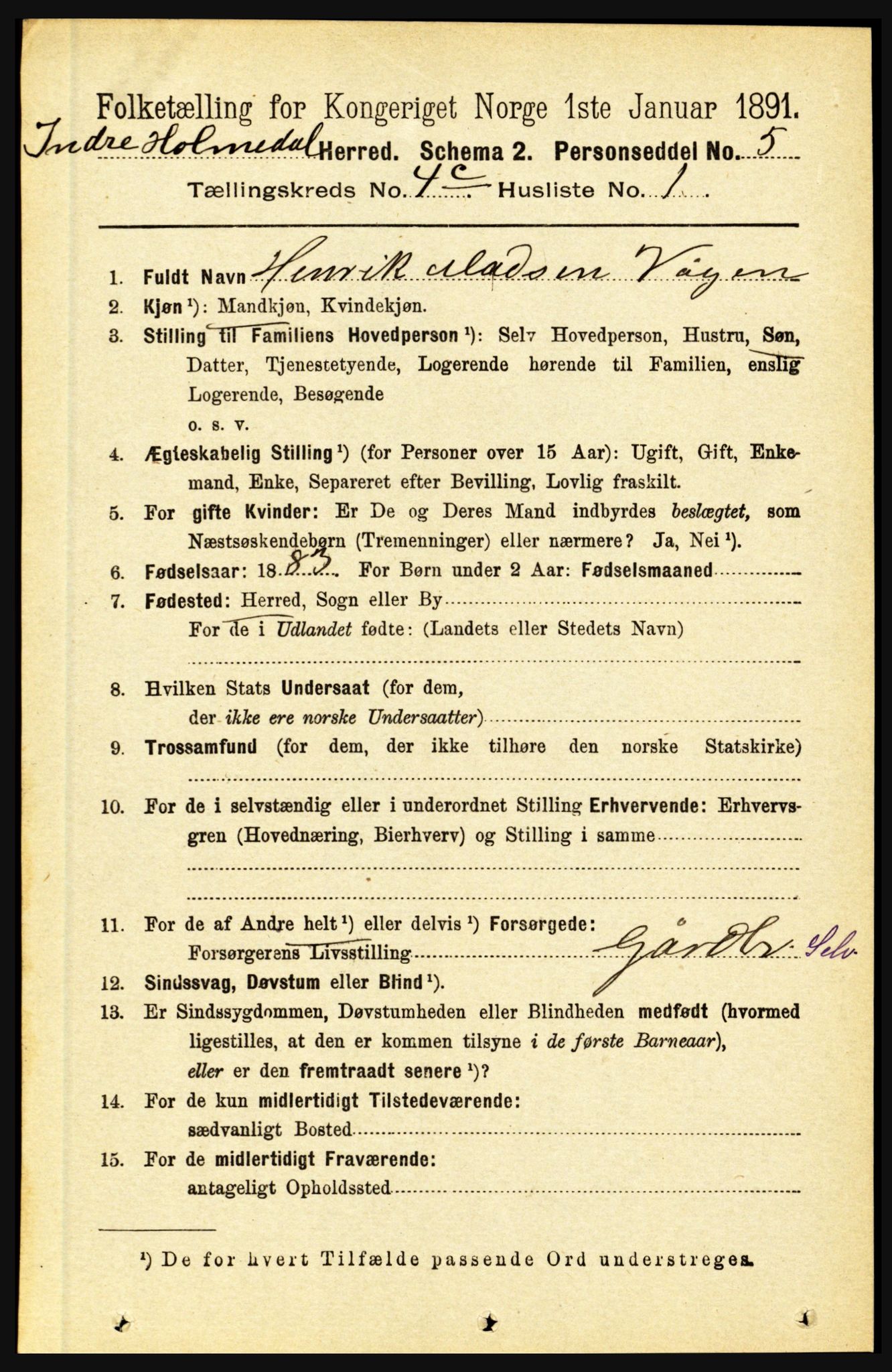 RA, 1891 census for 1430 Indre Holmedal, 1891, p. 1640