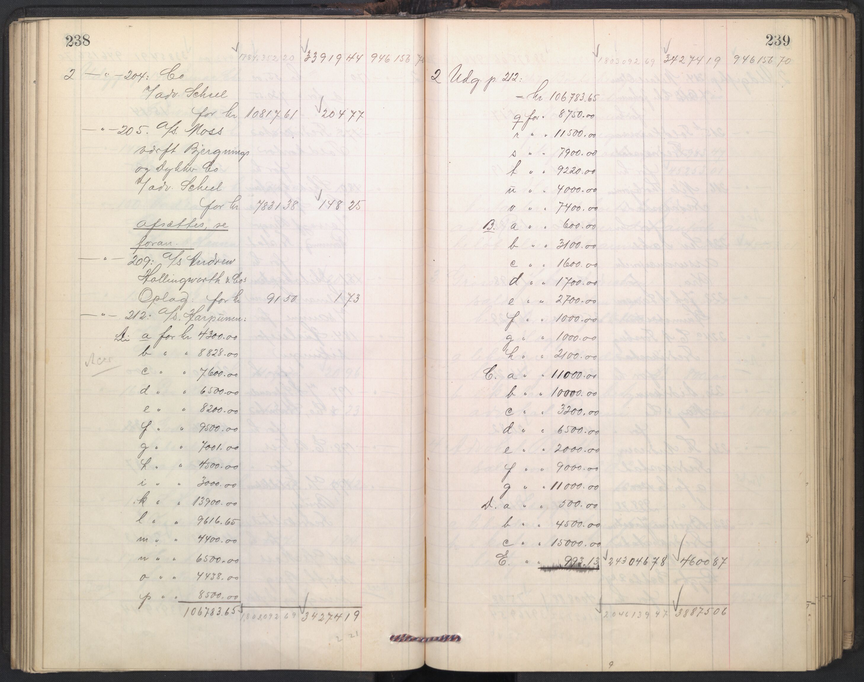 Oslo skifterett, AV/SAO-A-10383/H/Hd/Hdd/L0004: Skifteutlodningsprotokoll for konkursbo, 1906-1915, p. 238-239