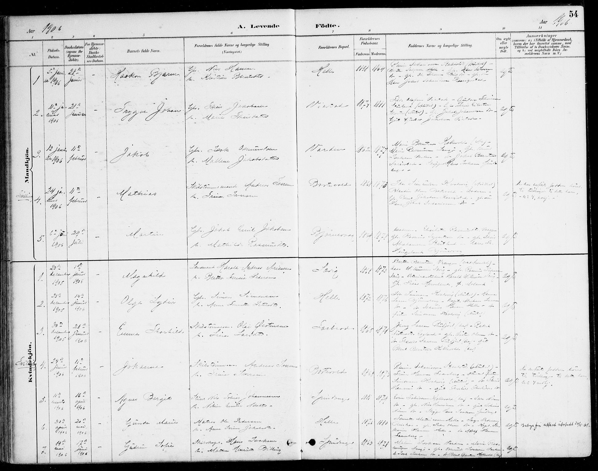 Herad sokneprestkontor, SAK/1111-0018/F/Fa/Fab/L0005: Parish register (official) no. A 5, 1886-1913, p. 54