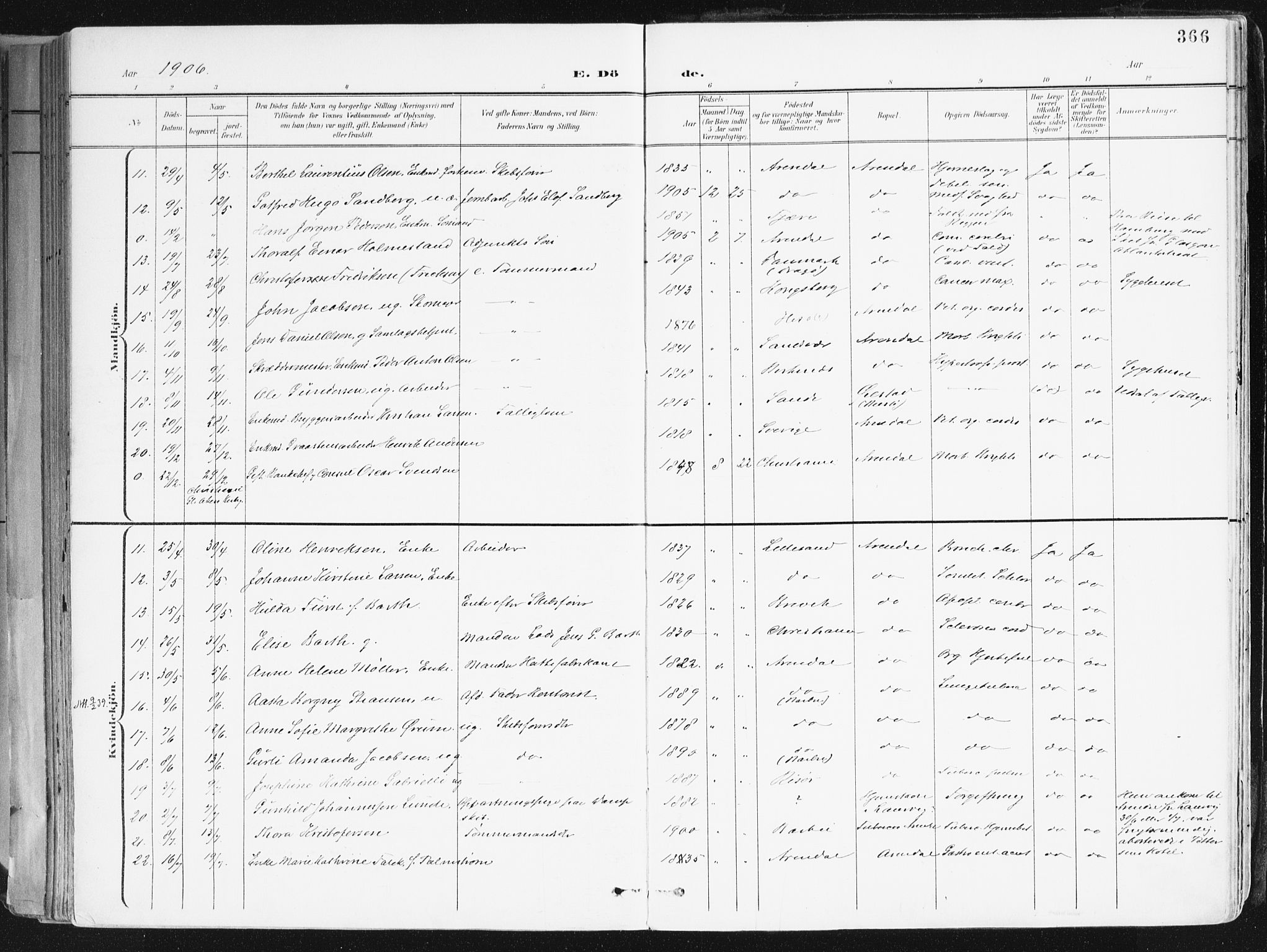 Arendal sokneprestkontor, Trefoldighet, AV/SAK-1111-0040/F/Fa/L0010: Parish register (official) no. A 10, 1900-1919, p. 366