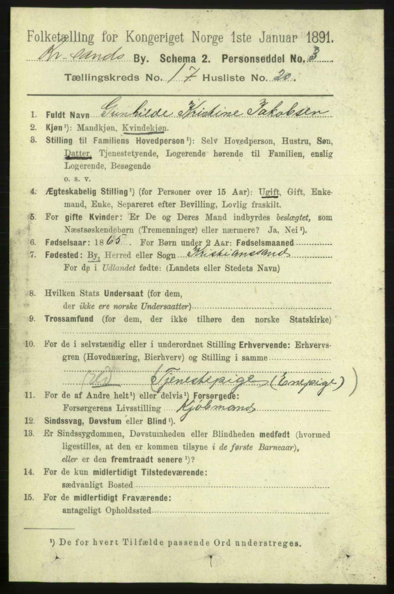 RA, 1891 census for 1001 Kristiansand, 1891, p. 6901