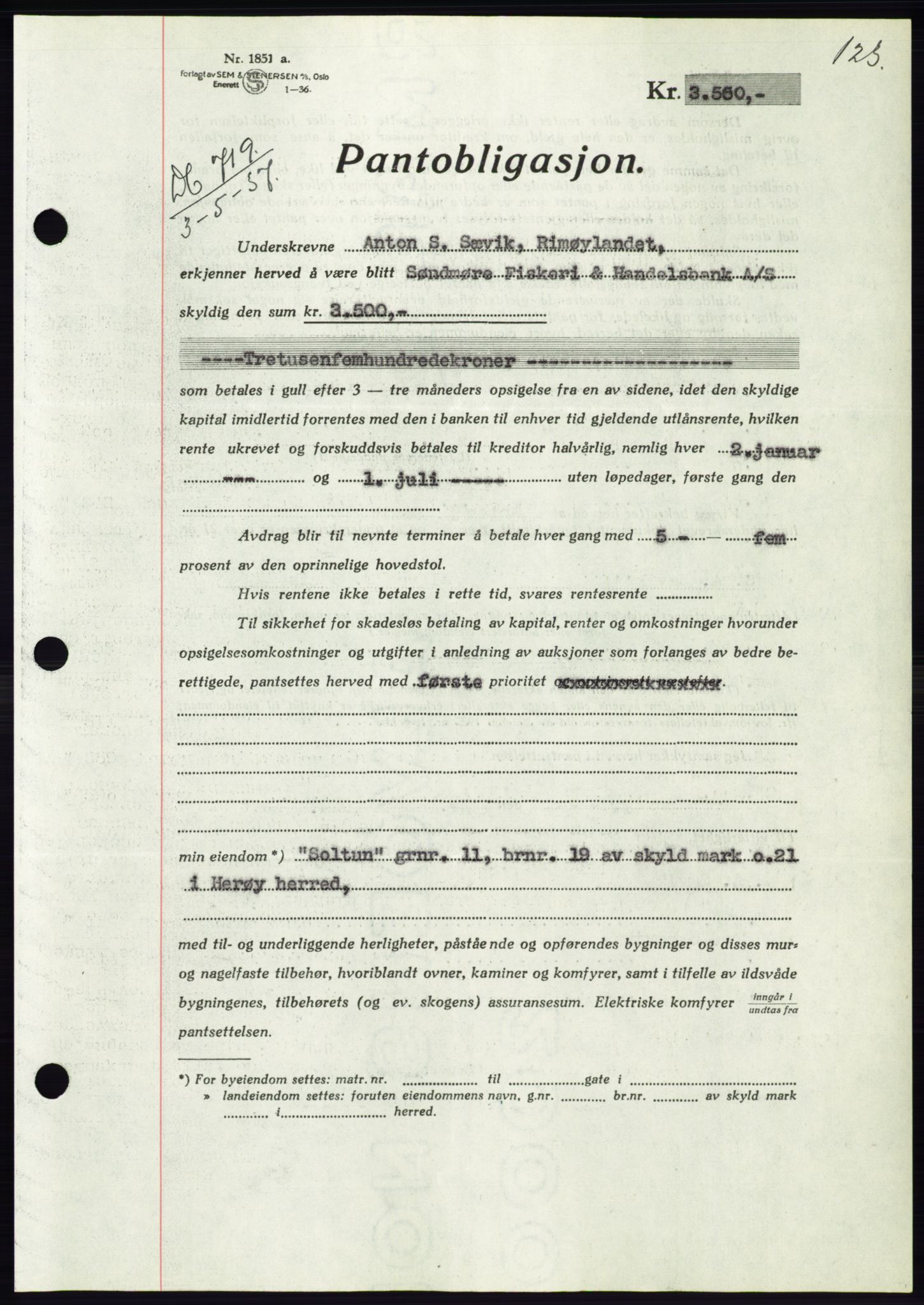 Søre Sunnmøre sorenskriveri, AV/SAT-A-4122/1/2/2C/L0063: Mortgage book no. 57, 1937-1937, Diary no: : 719/1937