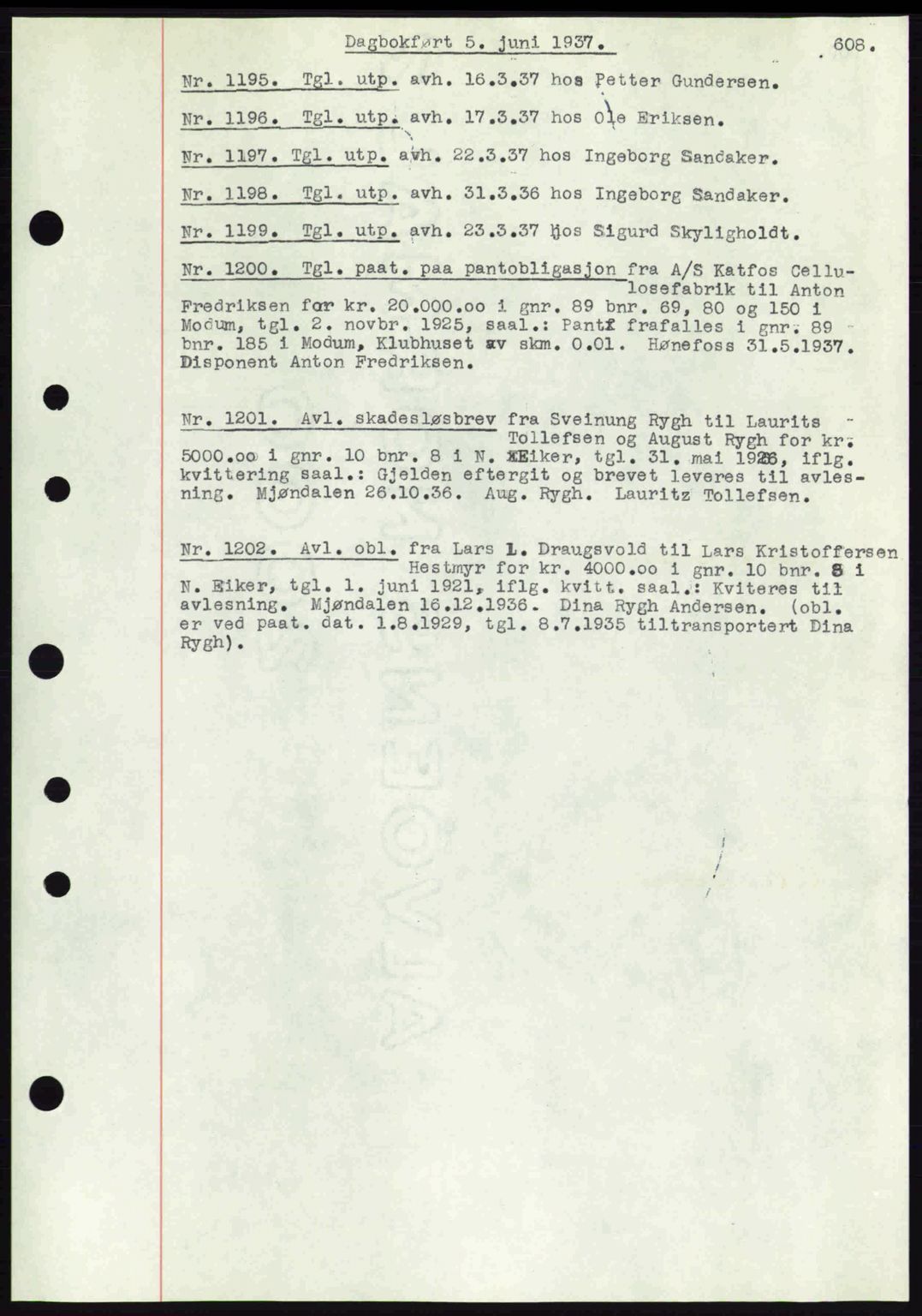 Eiker, Modum og Sigdal sorenskriveri, SAKO/A-123/G/Ga/Gab/L0035: Mortgage book no. A5, 1937-1937, Diary no: : 1195/1937