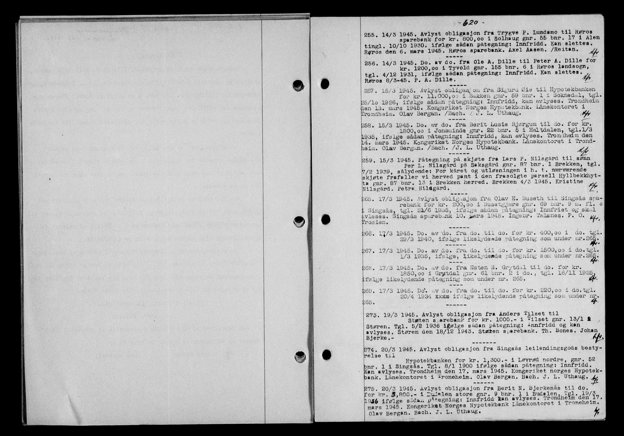 Gauldal sorenskriveri, SAT/A-0014/1/2/2C/L0058: Mortgage book no. 63, 1944-1945, Diary no: : 255/1945
