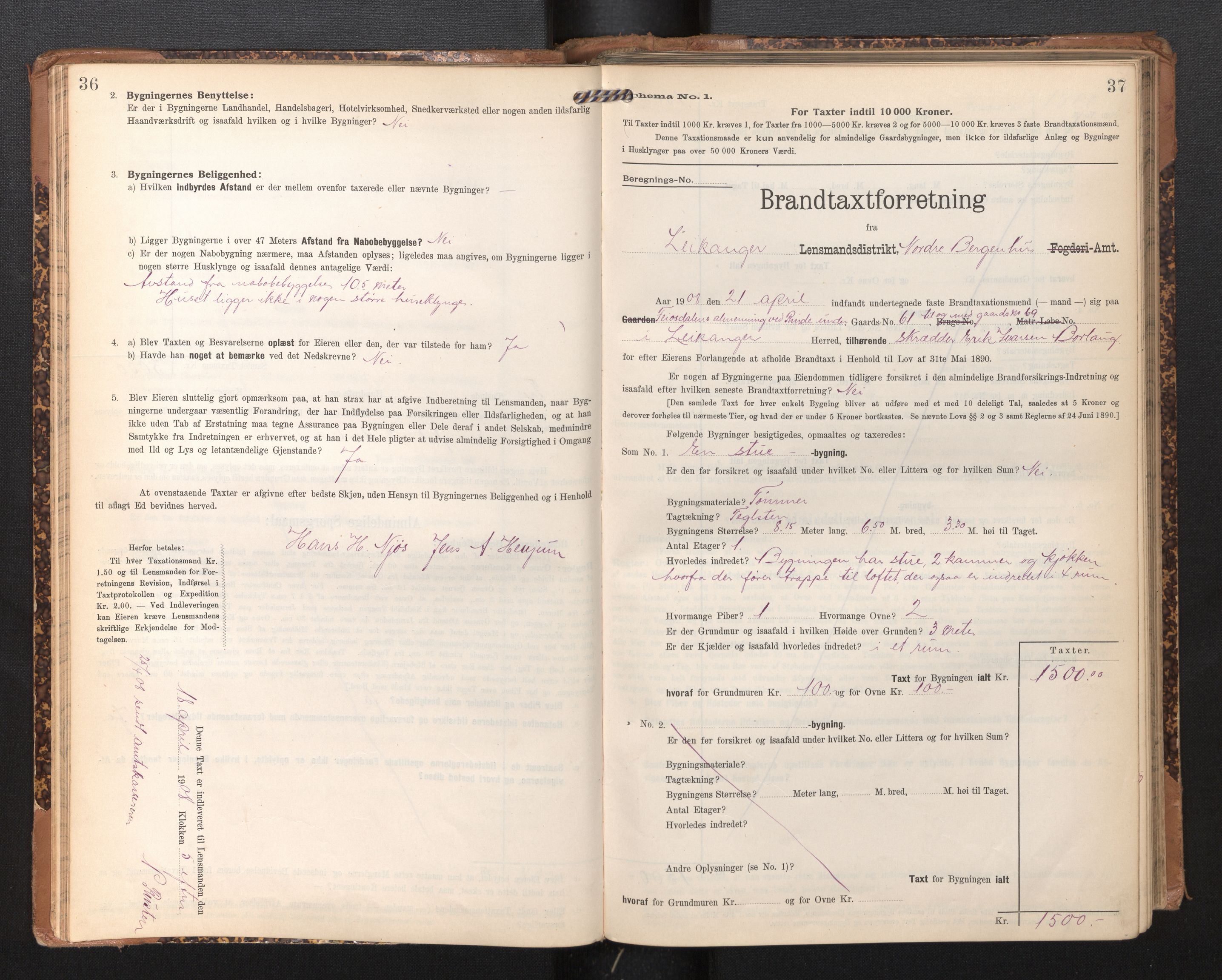 Lensmannen i Leikanger, AV/SAB-A-29201/0012/L0005: Branntakstprotokoll, skjematakst, 1907-1917, p. 36-37