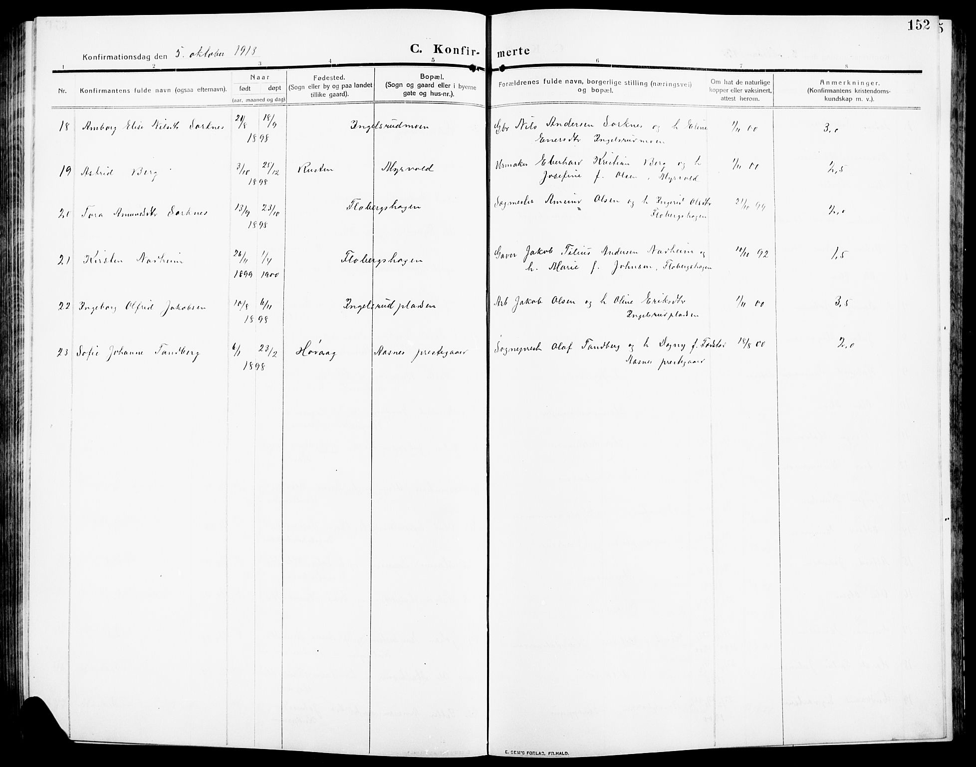 Åsnes prestekontor, SAH/PREST-042/H/Ha/Hab/L0007: Parish register (copy) no. 7, 1909-1926, p. 152