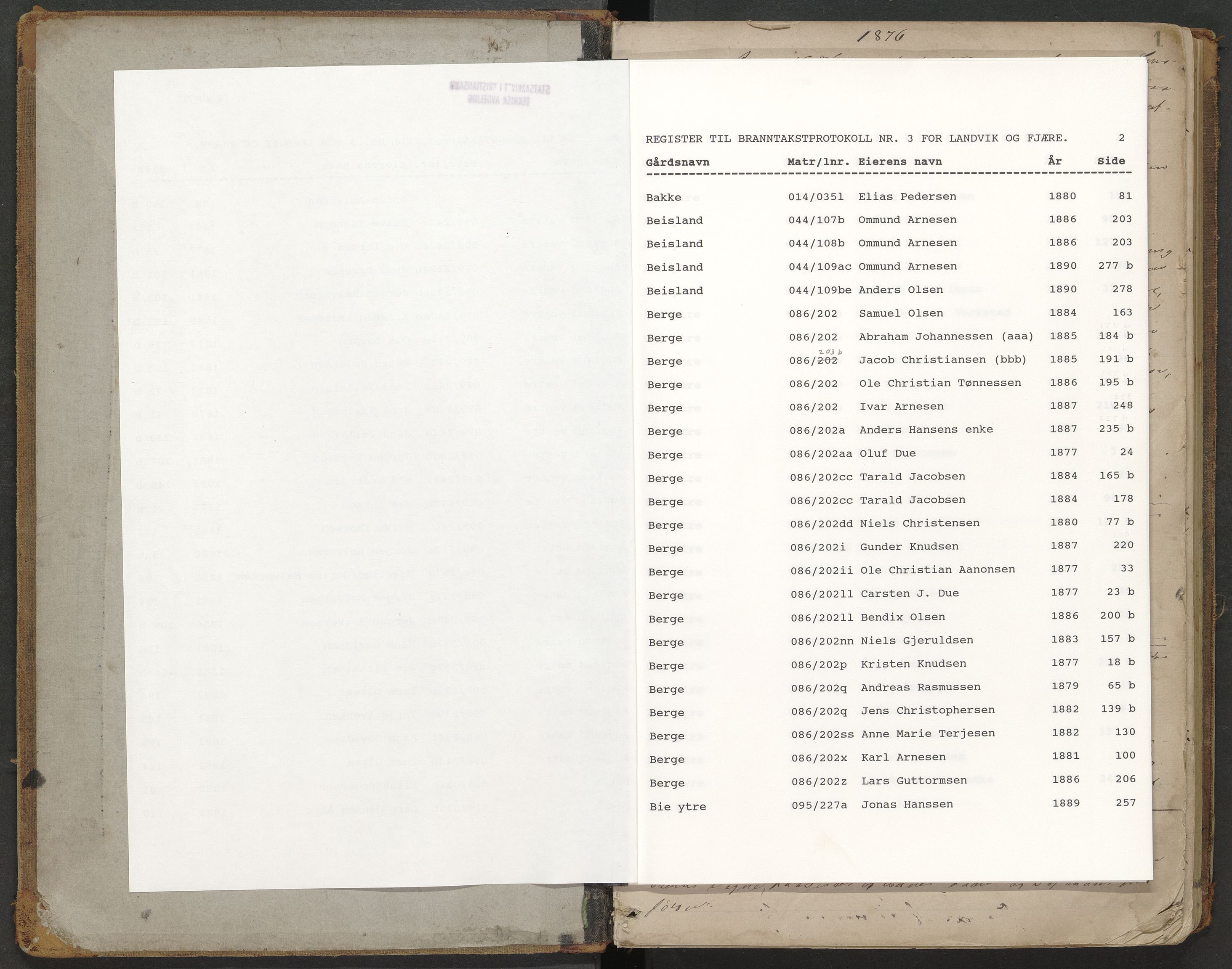 Norges Brannkasse Landvik og Fjære, AV/SAK-2241-0032/F/Fa/L0003: Branntakstprotokoll nr. 3 med gårdsnavnregister, 1876-1890