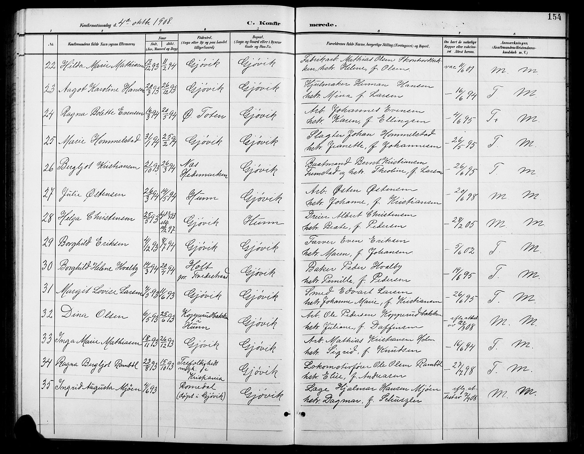 Vardal prestekontor, SAH/PREST-100/H/Ha/Hab/L0012: Parish register (copy) no. 12, 1902-1911, p. 154