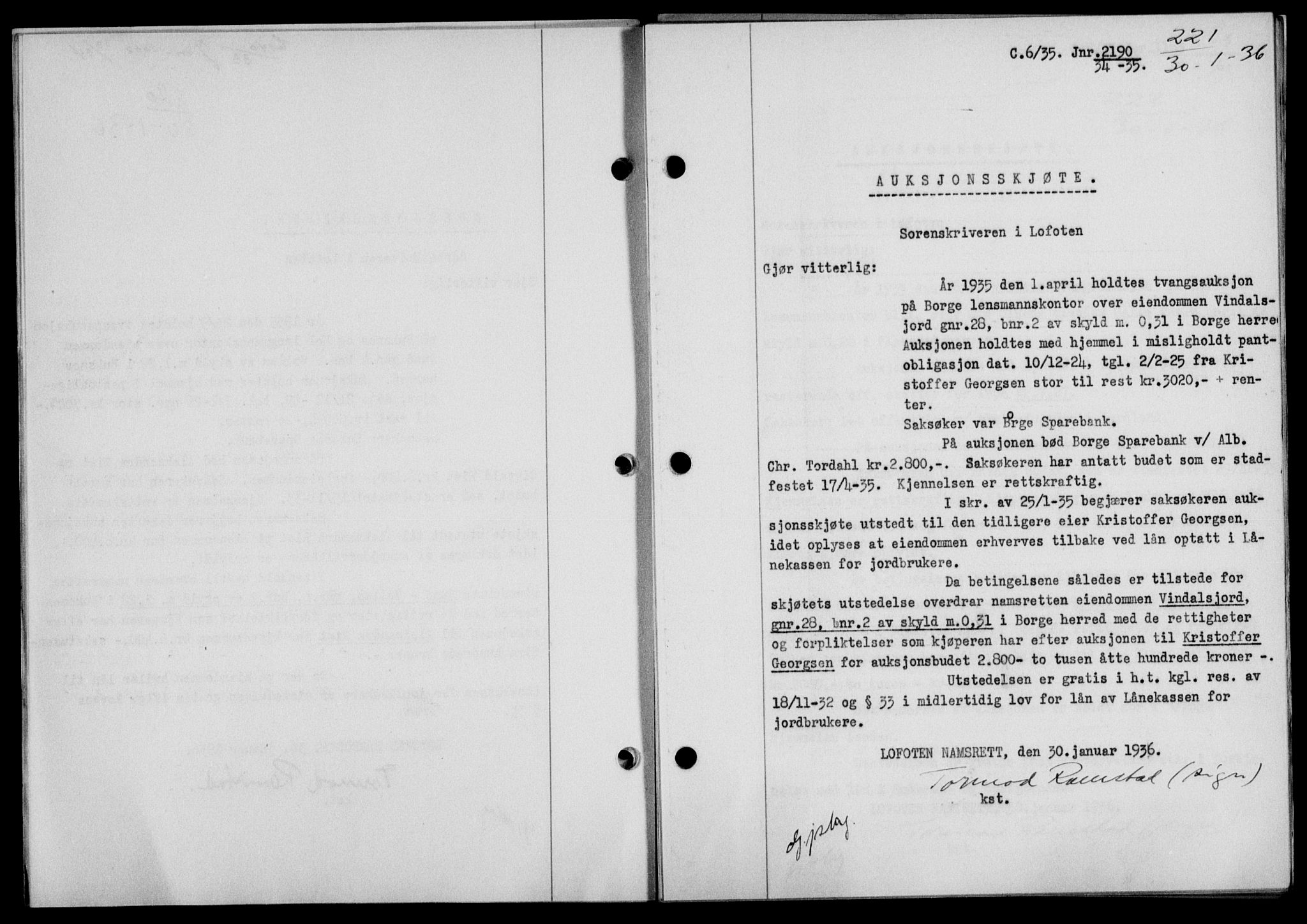 Lofoten sorenskriveri, SAT/A-0017/1/2/2C/L0033b: Mortgage book no. 33b, 1936-1936, Diary no: : 221/1936