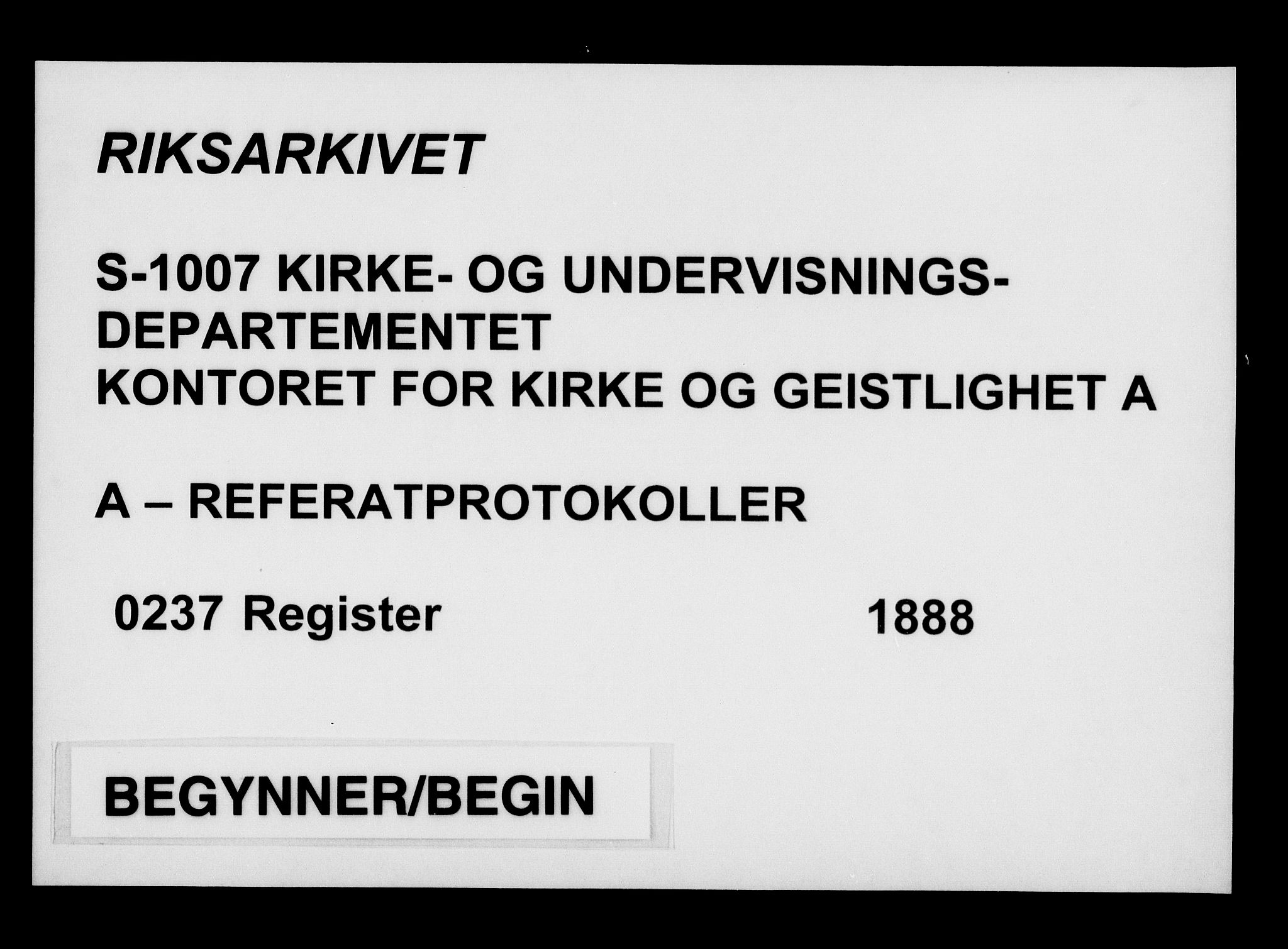 Kirke- og undervisningsdepartementet, Kontoret  for kirke og geistlighet A, RA/S-1007/A/Aa/L0237: Register, 1888