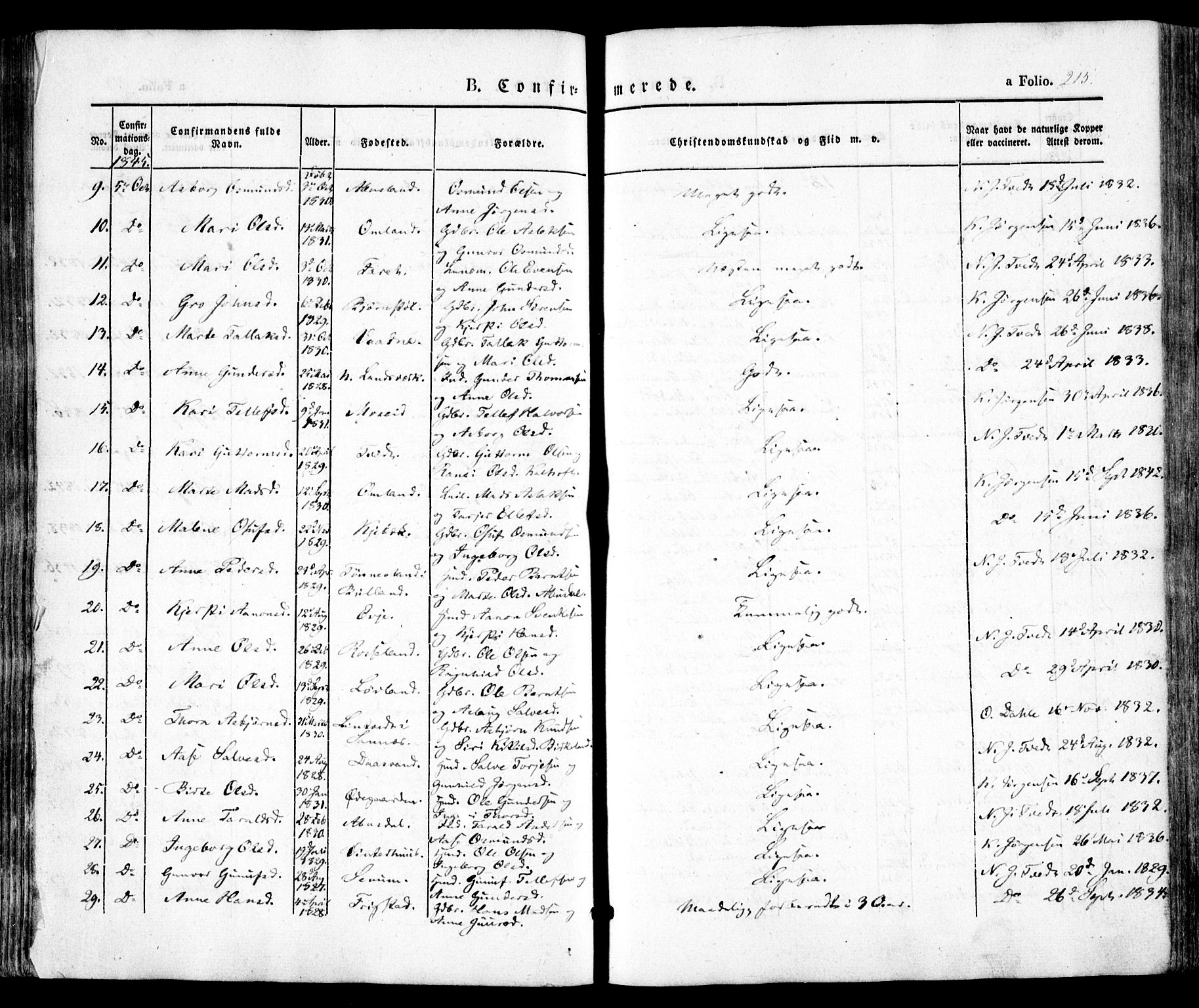 Evje sokneprestkontor, AV/SAK-1111-0008/F/Fa/Faa/L0005: Parish register (official) no. A 5, 1843-1865, p. 215