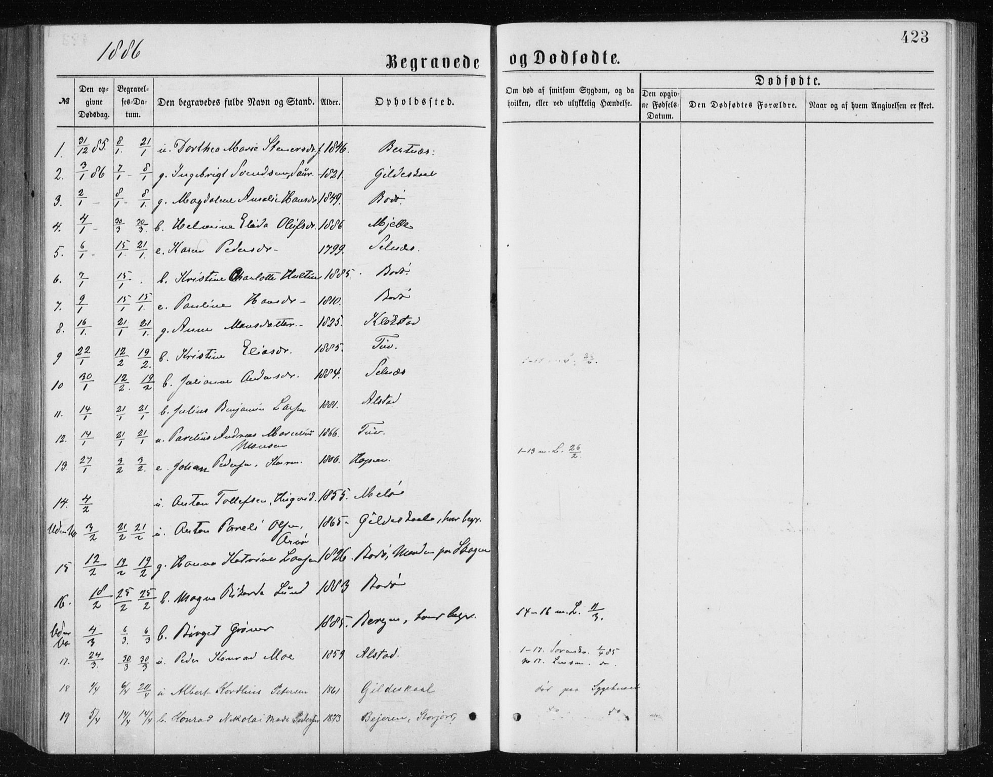 Ministerialprotokoller, klokkerbøker og fødselsregistre - Nordland, SAT/A-1459/801/L0031: Parish register (copy) no. 801C06, 1883-1887, p. 423