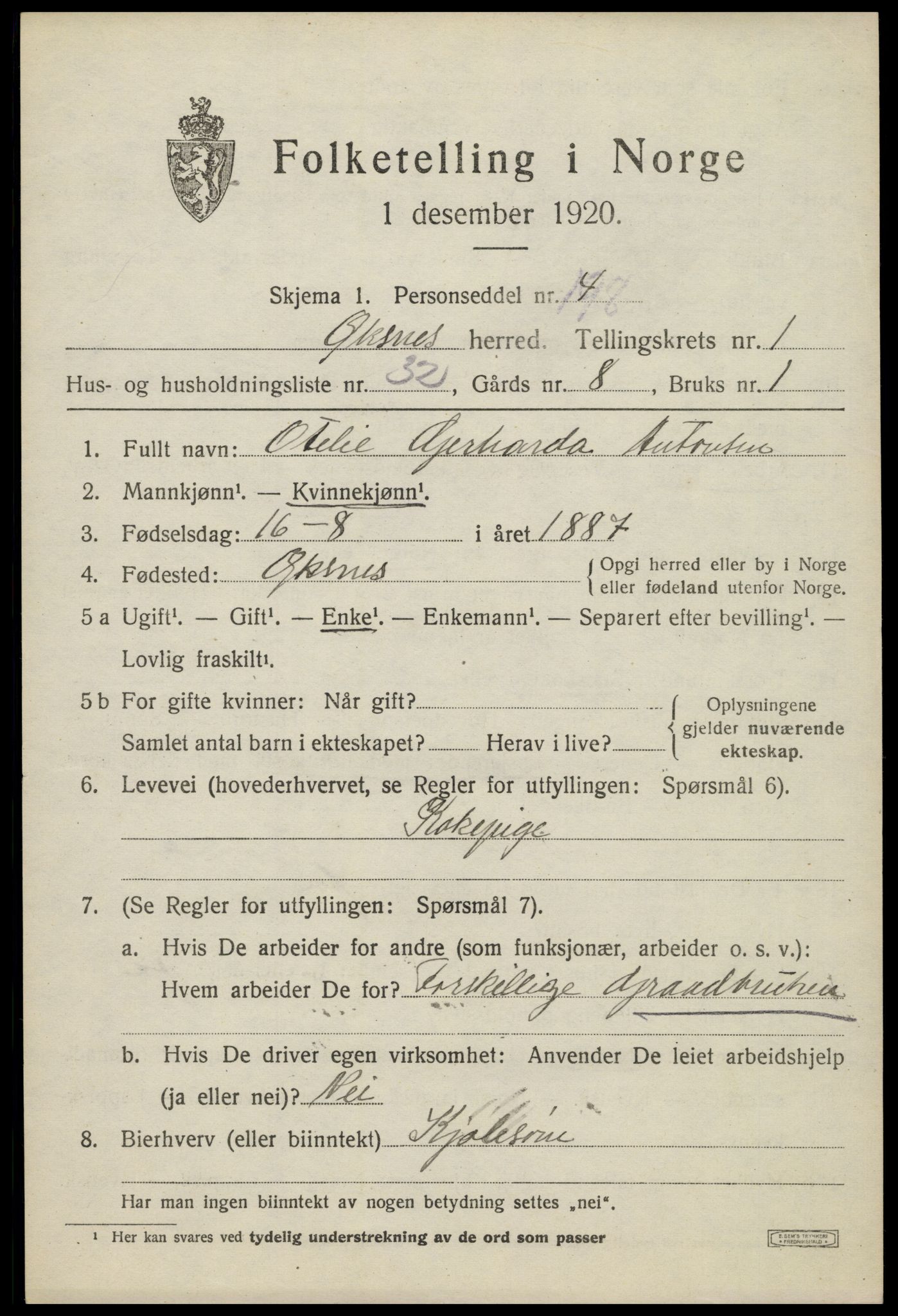 SAT, 1920 census for Øksnes, 1920, p. 1140