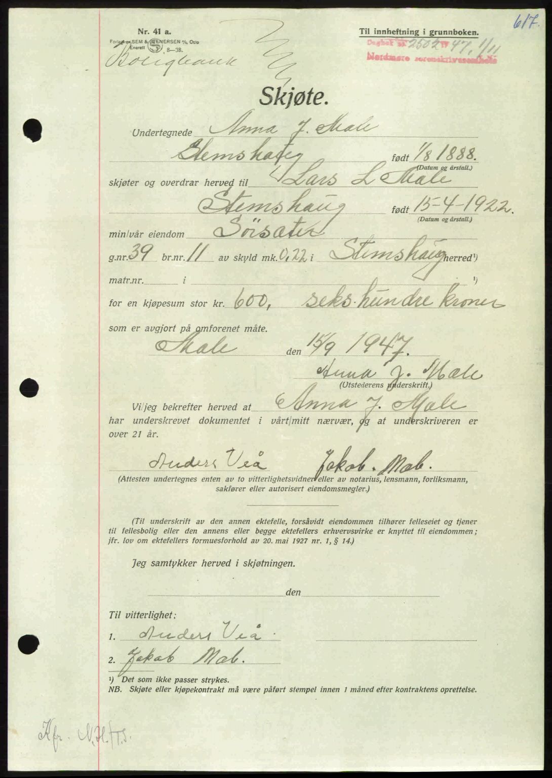 Nordmøre sorenskriveri, AV/SAT-A-4132/1/2/2Ca: Mortgage book no. A106, 1947-1947, Diary no: : 2502/1947