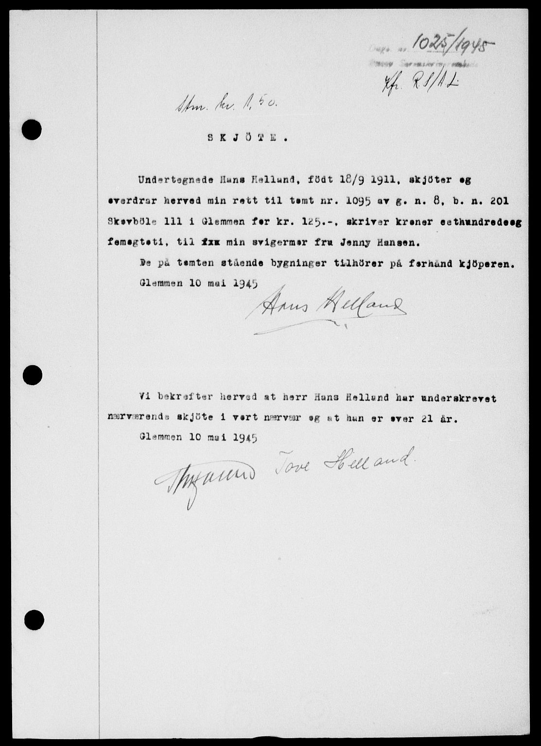 Onsøy sorenskriveri, SAO/A-10474/G/Ga/Gab/L0014: Mortgage book no. II A-14, 1944-1945, Diary no: : 1025/1945
