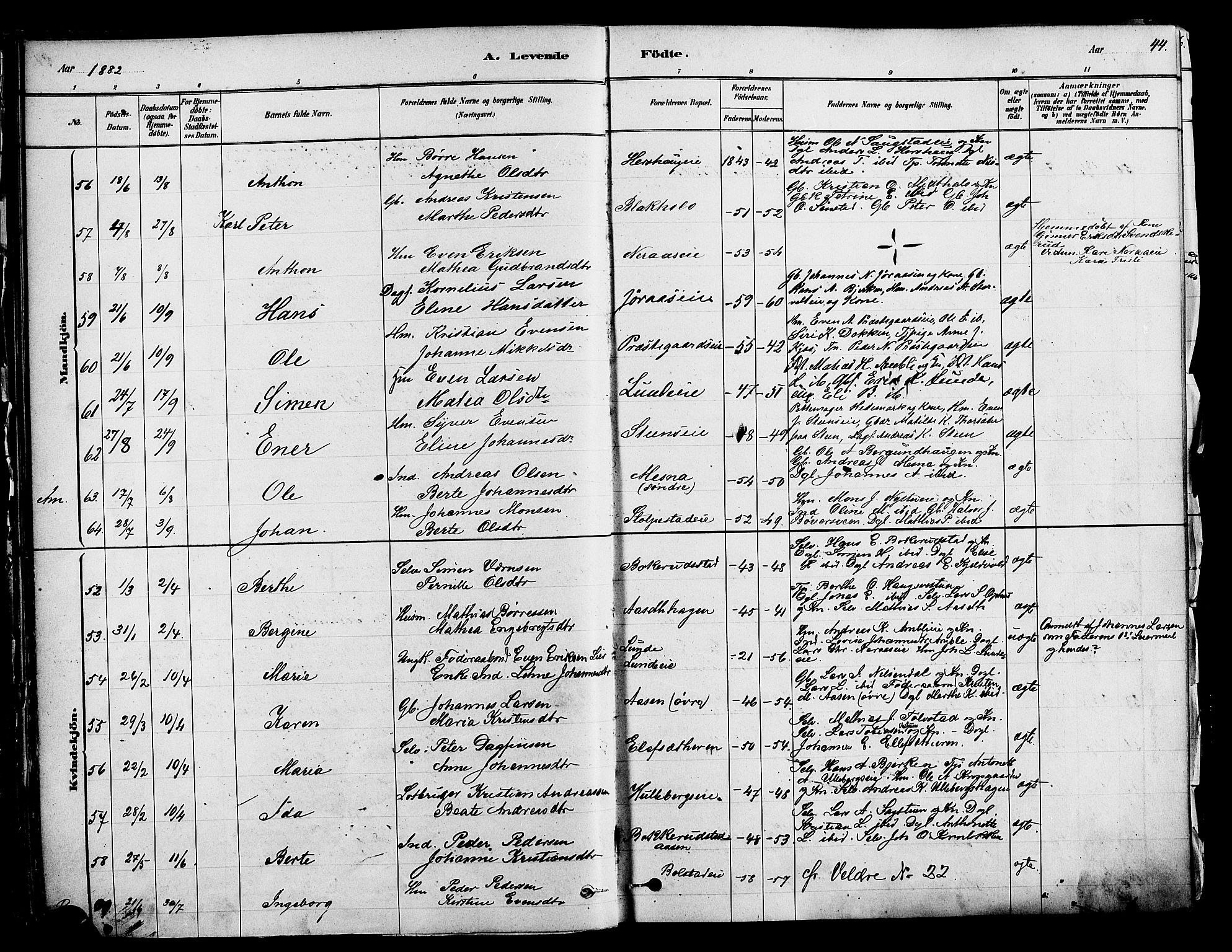Ringsaker prestekontor, SAH/PREST-014/K/Ka/L0012: Parish register (official) no. 12, 1879-1890, p. 44