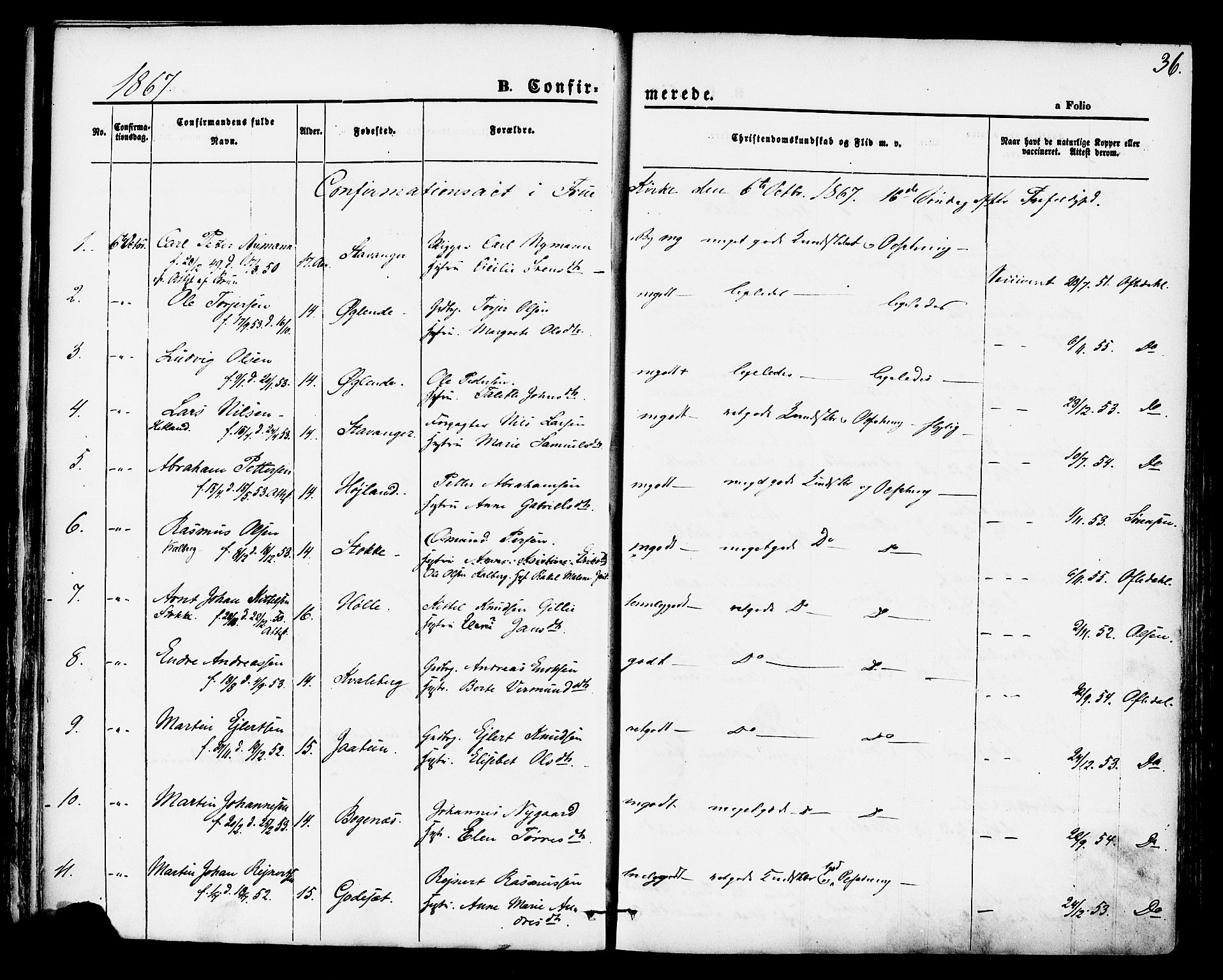 Hetland sokneprestkontor, AV/SAST-A-101826/30/30BA/L0004: Parish register (official) no. A 4, 1862-1881, p. 36