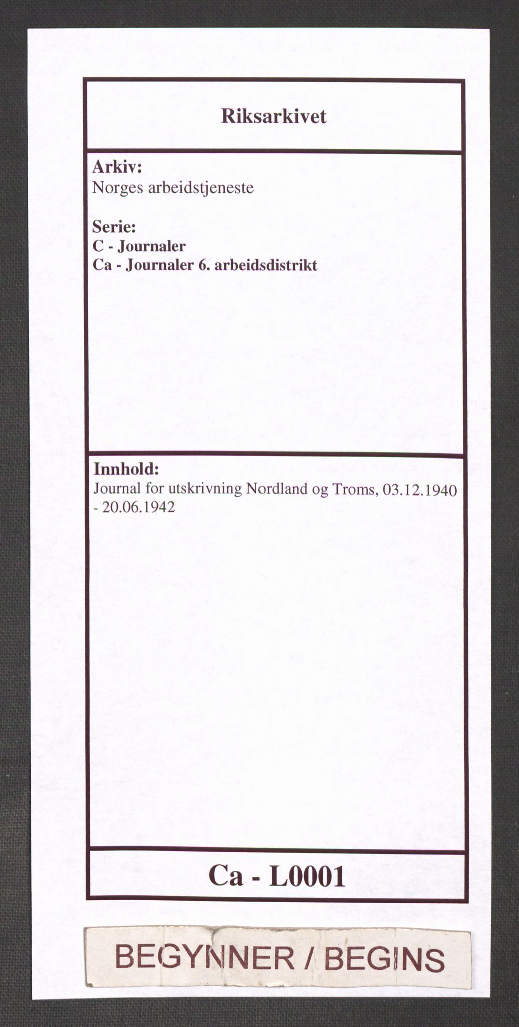 Norges arbeidstjeneste, RA/S-5014/C/Ca/L0001: Journal for utskrivning Nordland og Troms, 1940-1942, p. 1