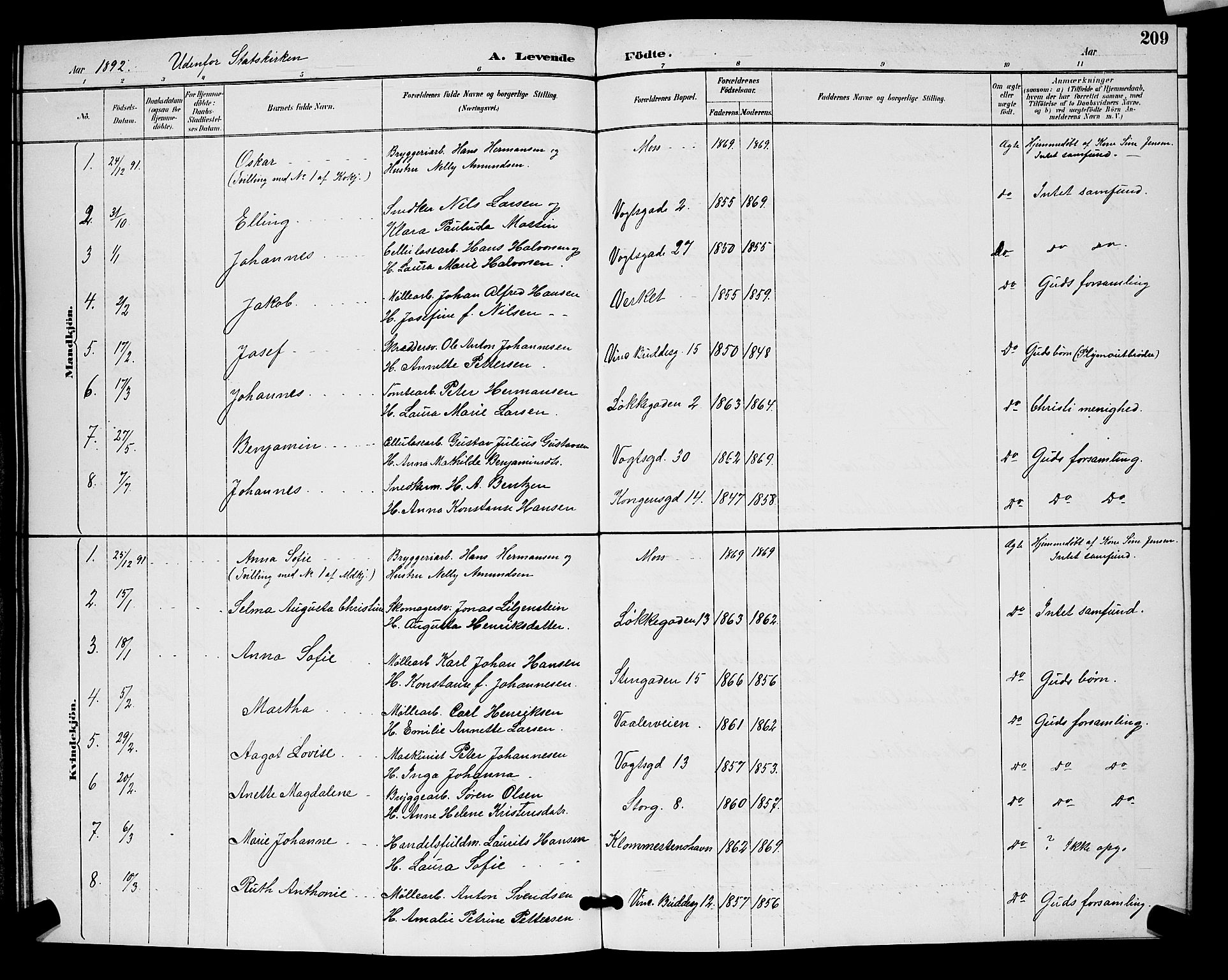 Moss prestekontor Kirkebøker, SAO/A-2003/G/Ga/L0006: Parish register (copy) no. I 6, 1889-1900, p. 209