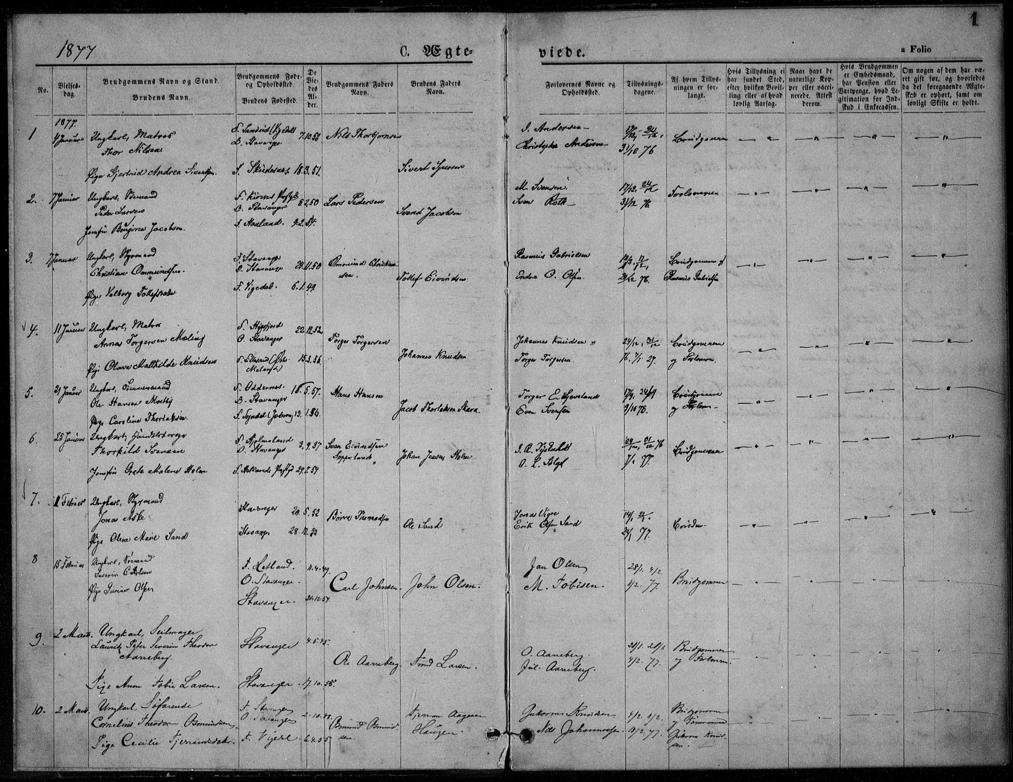 Domkirken sokneprestkontor, SAST/A-101812/001/30/30BA/L0023: Parish register (official) no. A 22, 1877-1877, p. 1