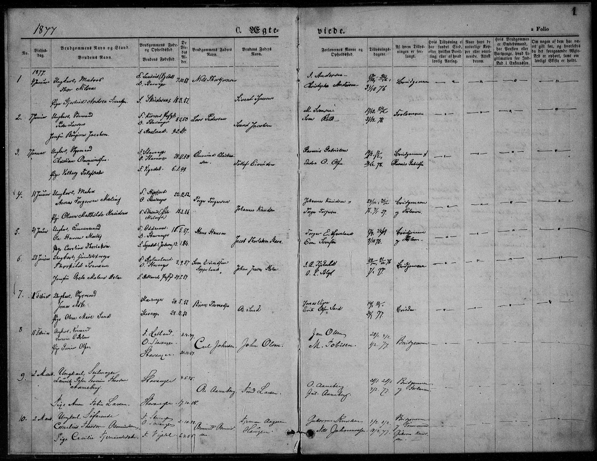 Domkirken sokneprestkontor, AV/SAST-A-101812/001/30/30BA/L0023: Parish register (official) no. A 22, 1877-1877, p. 1