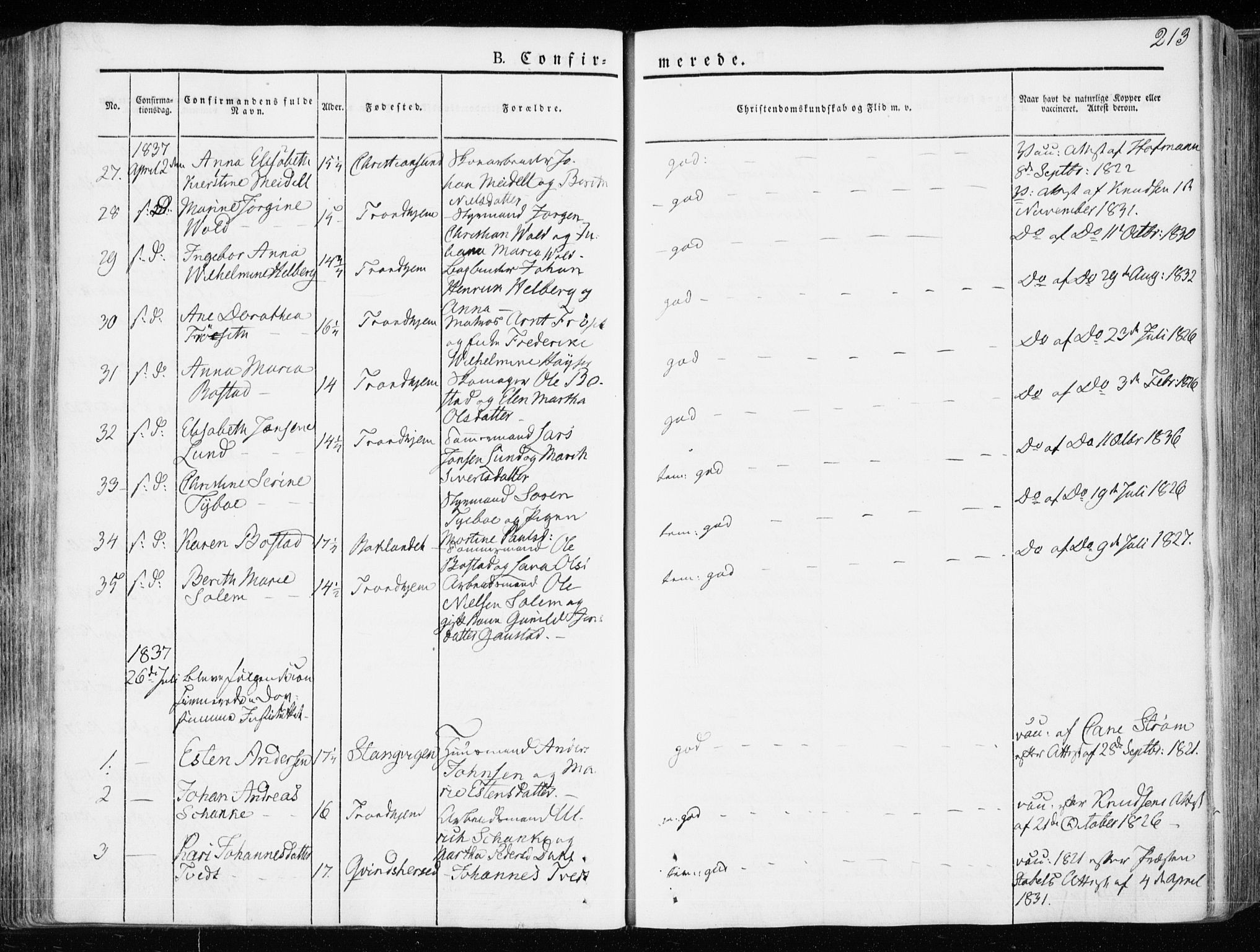 Ministerialprotokoller, klokkerbøker og fødselsregistre - Sør-Trøndelag, SAT/A-1456/601/L0047: Parish register (official) no. 601A15, 1831-1839, p. 213