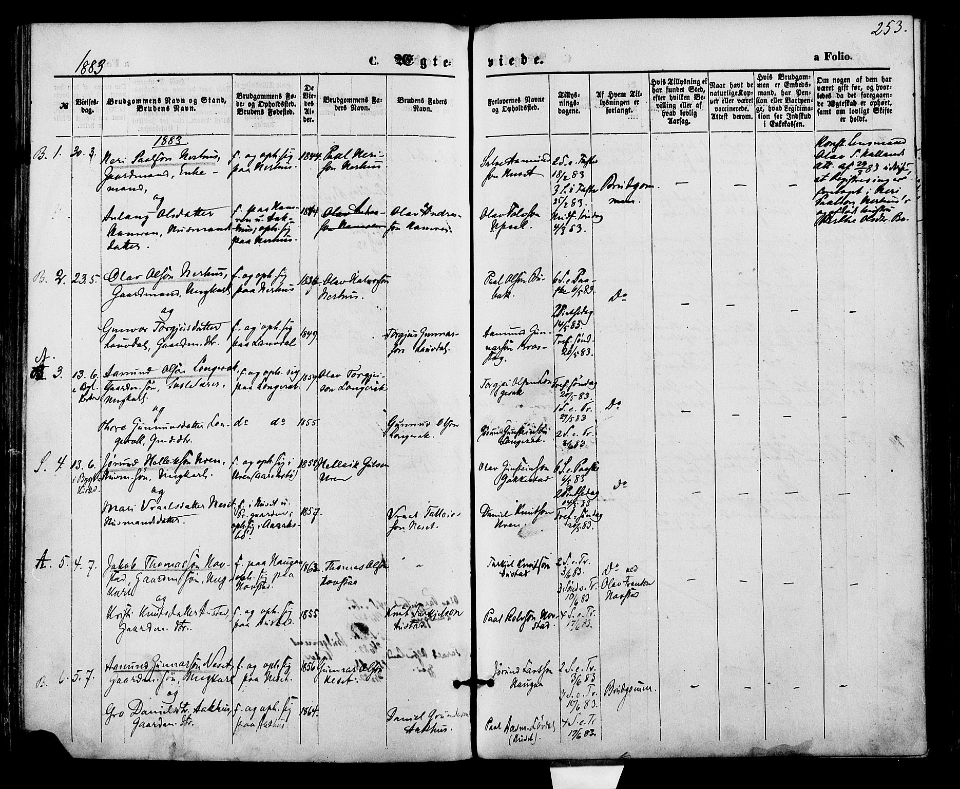 Bygland sokneprestkontor, AV/SAK-1111-0006/F/Fa/Fab/L0006: Parish register (official) no. A 6, 1873-1884, p. 253