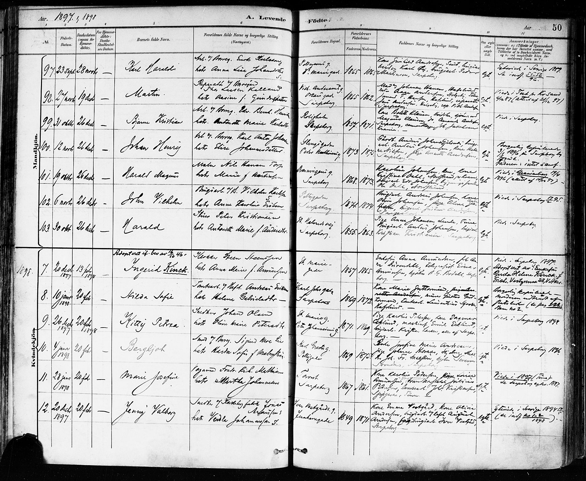 Sarpsborg prestekontor Kirkebøker, AV/SAO-A-2006/F/Fa/L0004: Parish register (official) no. 4, 1892-1899, p. 50