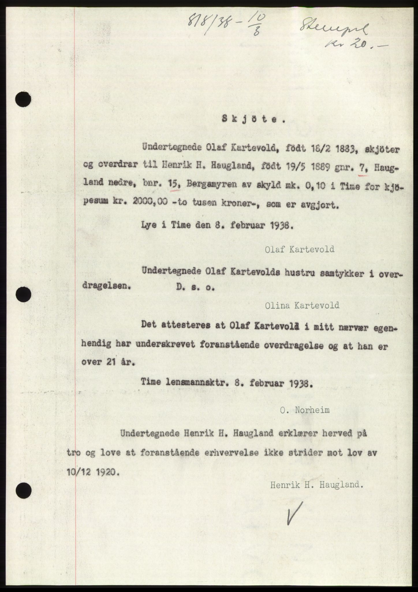 Jæren sorenskriveri, SAST/A-100310/03/G/Gba/L0070: Mortgage book, 1938-1938, Diary no: : 818/1938