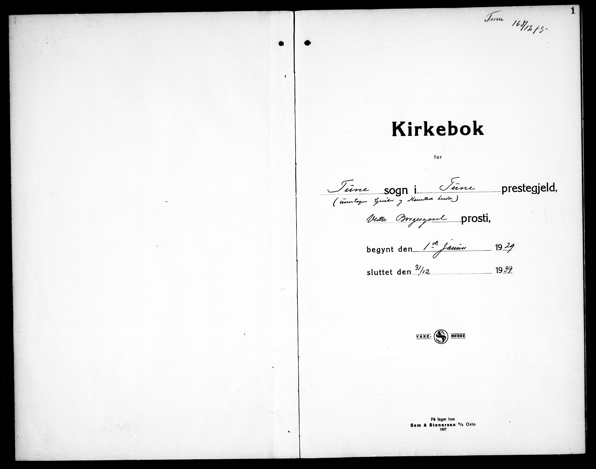 Tune prestekontor Kirkebøker, SAO/A-2007/G/Ga/L0005: Parish register (copy) no. I 5, 1929-1939, p. 1