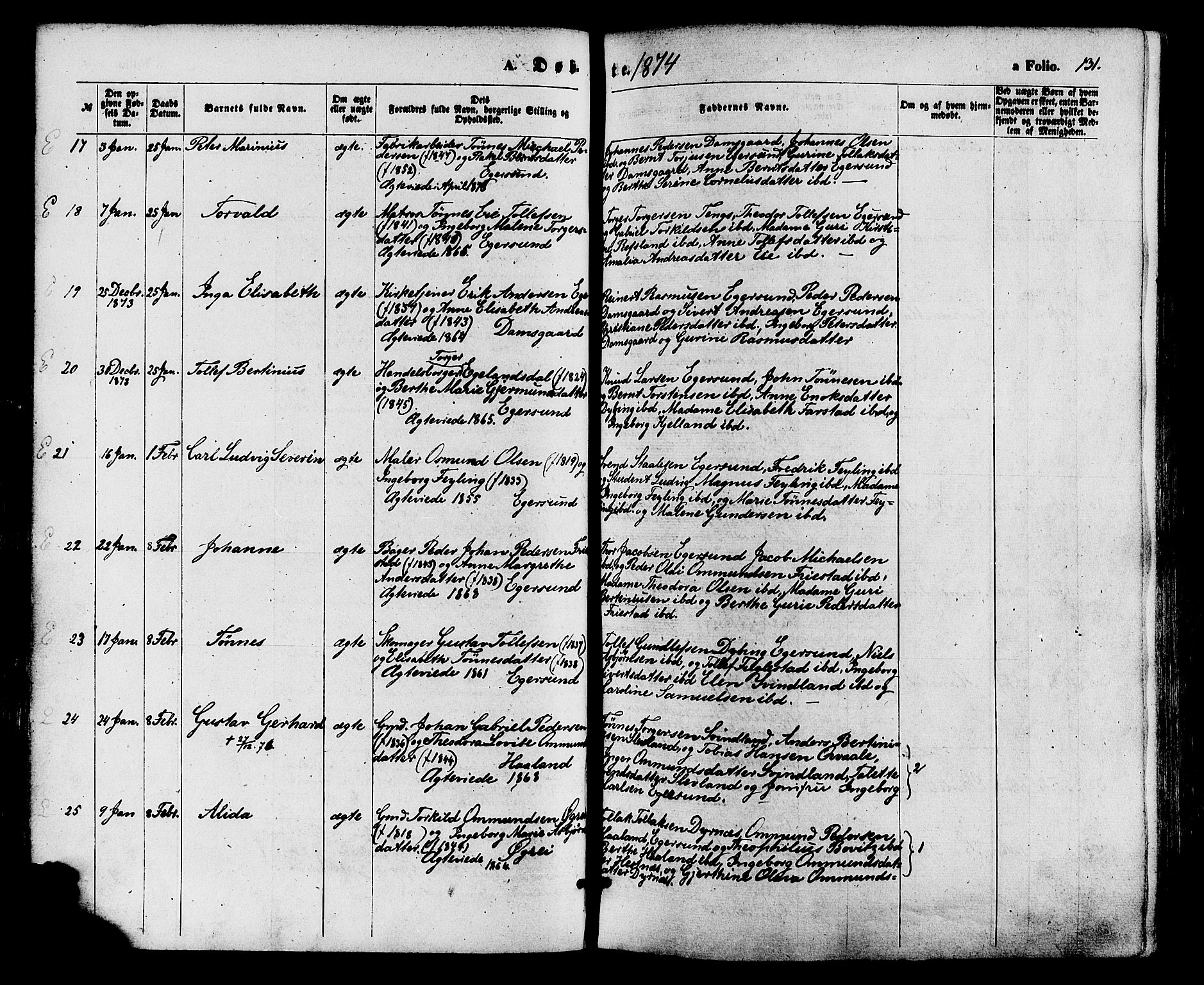 Eigersund sokneprestkontor, AV/SAST-A-101807/S08/L0014: Parish register (official) no. A 13, 1866-1878, p. 131