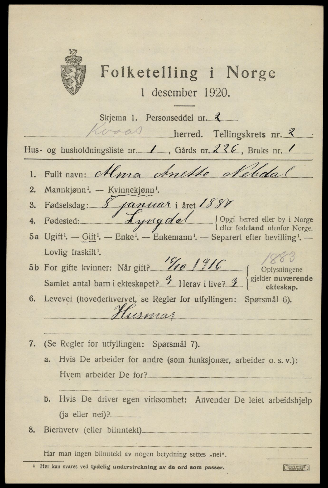 SAK, 1920 census for Kvås, 1920, p. 672