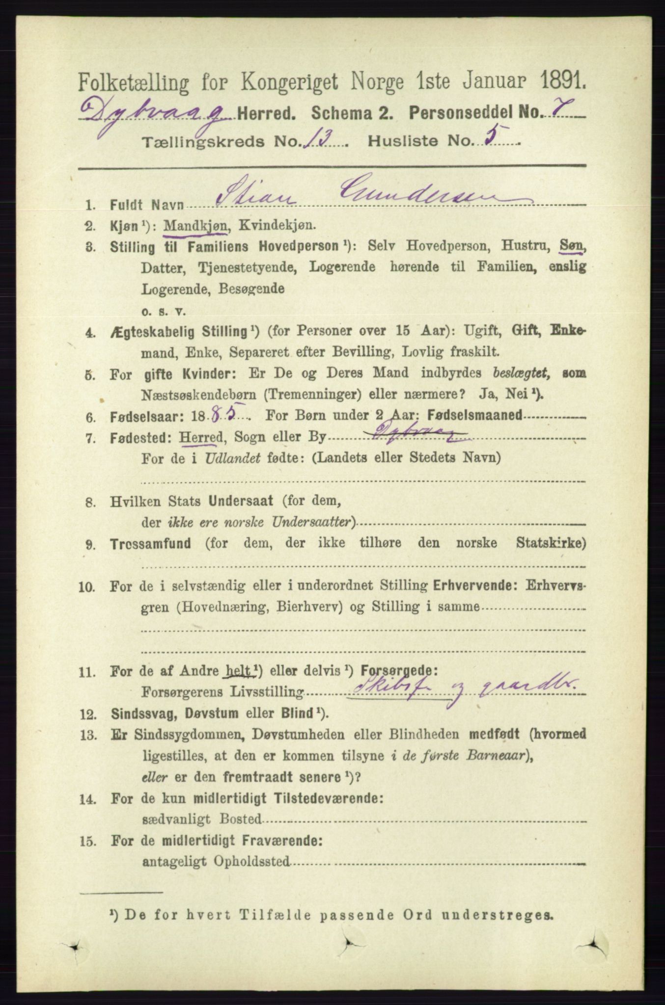 RA, 1891 census for 0915 Dypvåg, 1891, p. 5324