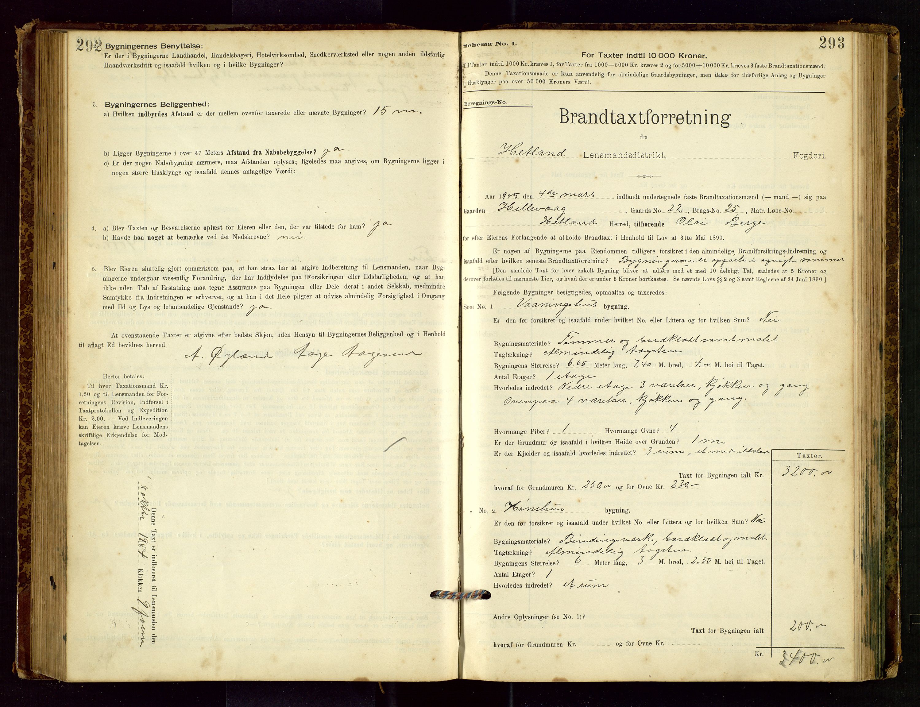 Hetland lensmannskontor, AV/SAST-A-100101/Gob/L0001: "Brandtaxationsprotokol", 1895-1918, p. 292-293