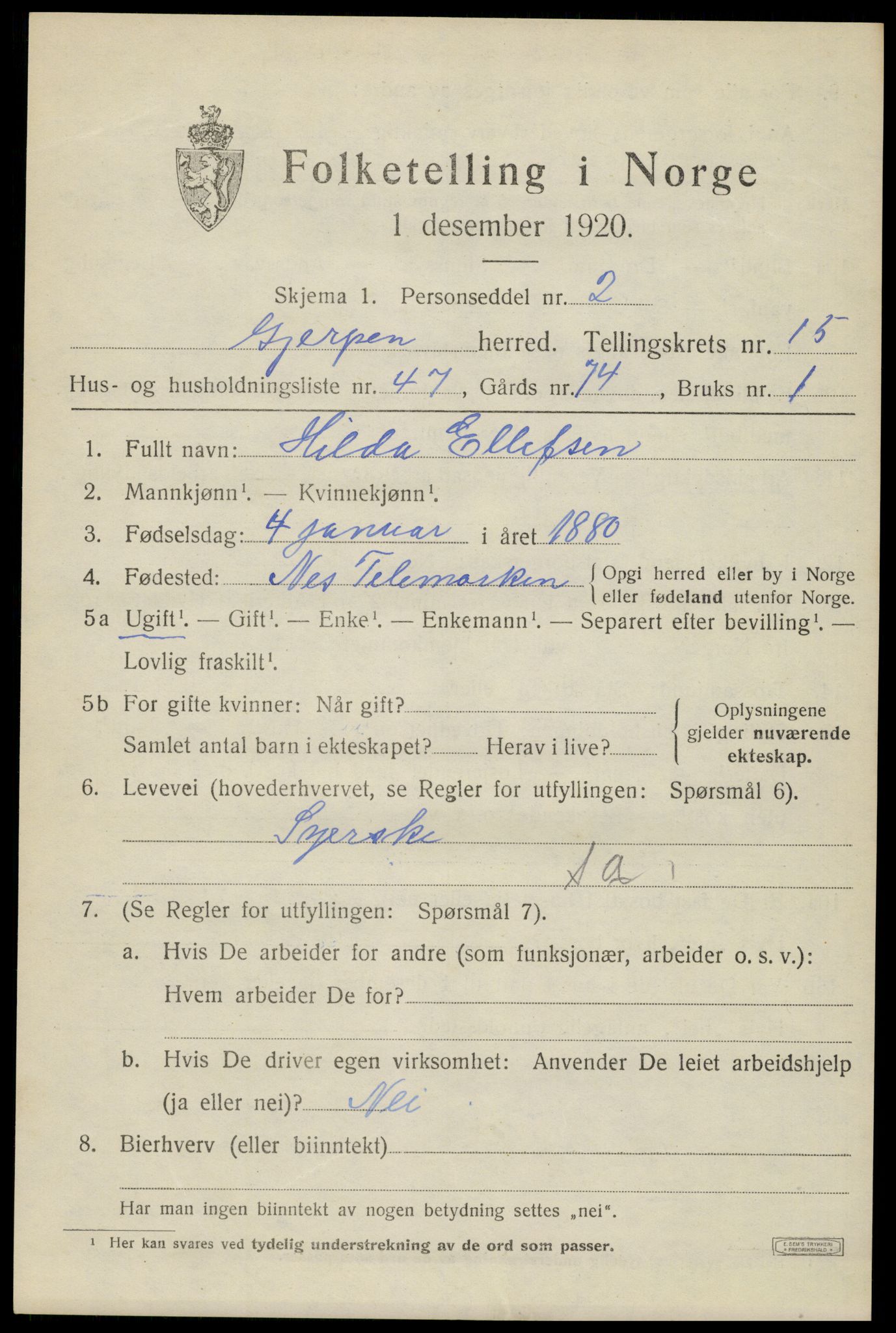 SAKO, 1920 census for Gjerpen, 1920, p. 17810