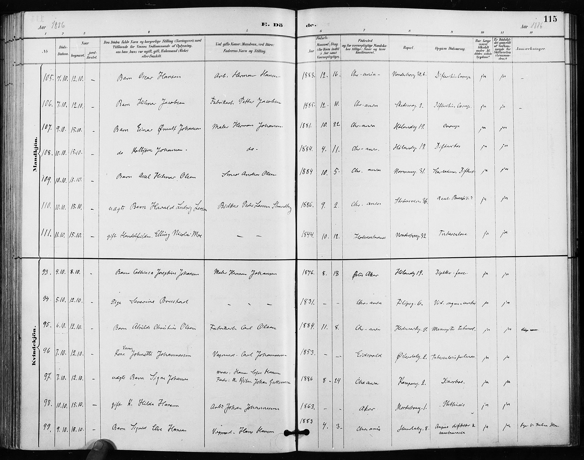 Kampen prestekontor Kirkebøker, SAO/A-10853/F/Fa/L0004: Parish register (official) no. I 4, 1885-1892, p. 115