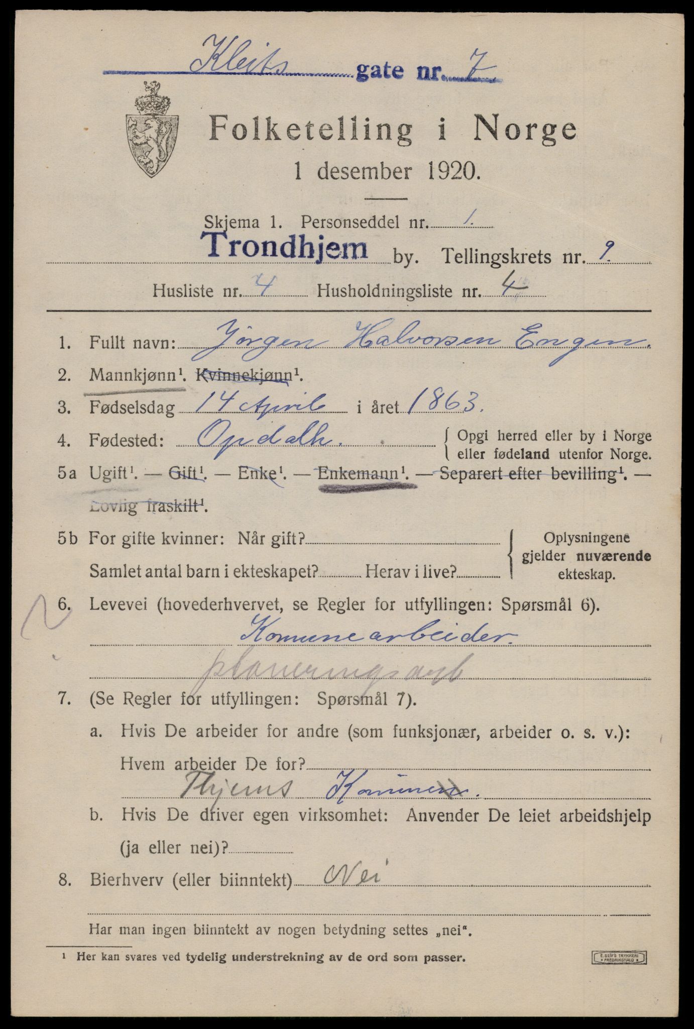 SAT, 1920 census for Trondheim, 1920, p. 44044