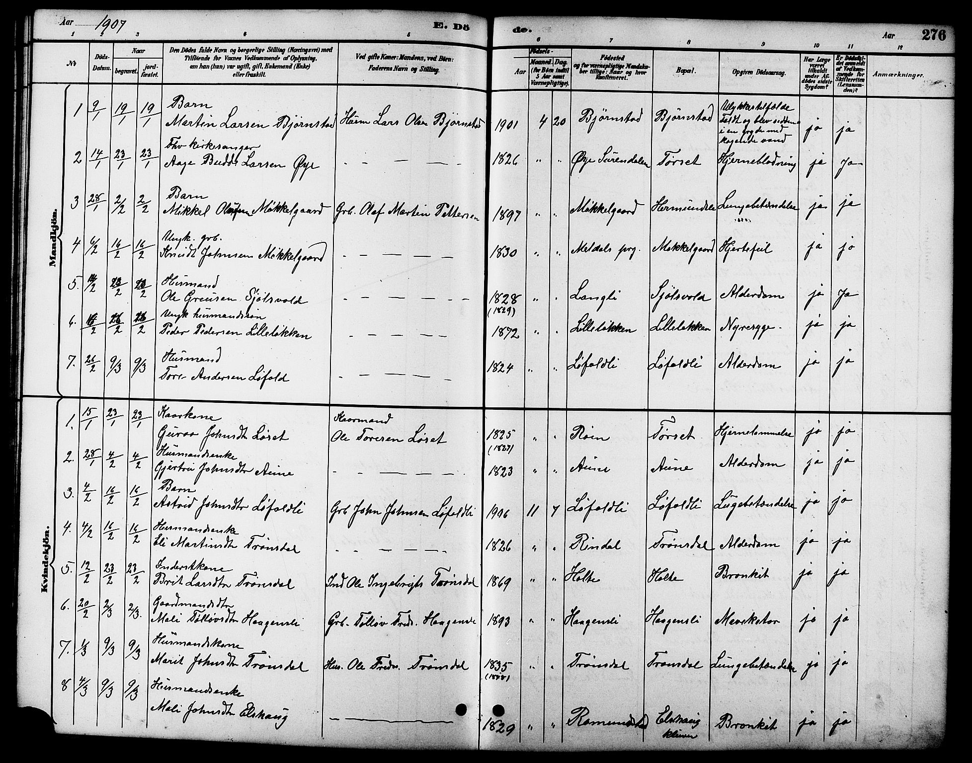 Ministerialprotokoller, klokkerbøker og fødselsregistre - Møre og Romsdal, SAT/A-1454/598/L1078: Parish register (copy) no. 598C03, 1892-1909, p. 276