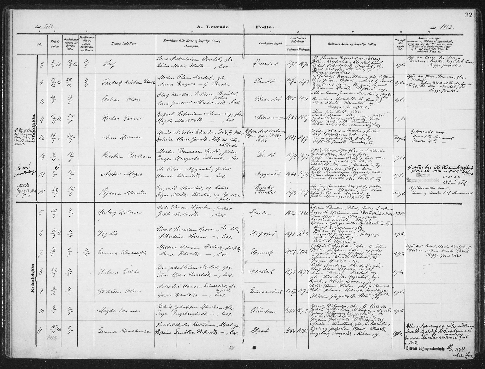 Ministerialprotokoller, klokkerbøker og fødselsregistre - Sør-Trøndelag, AV/SAT-A-1456/657/L0709: Parish register (official) no. 657A10, 1905-1919, p. 32