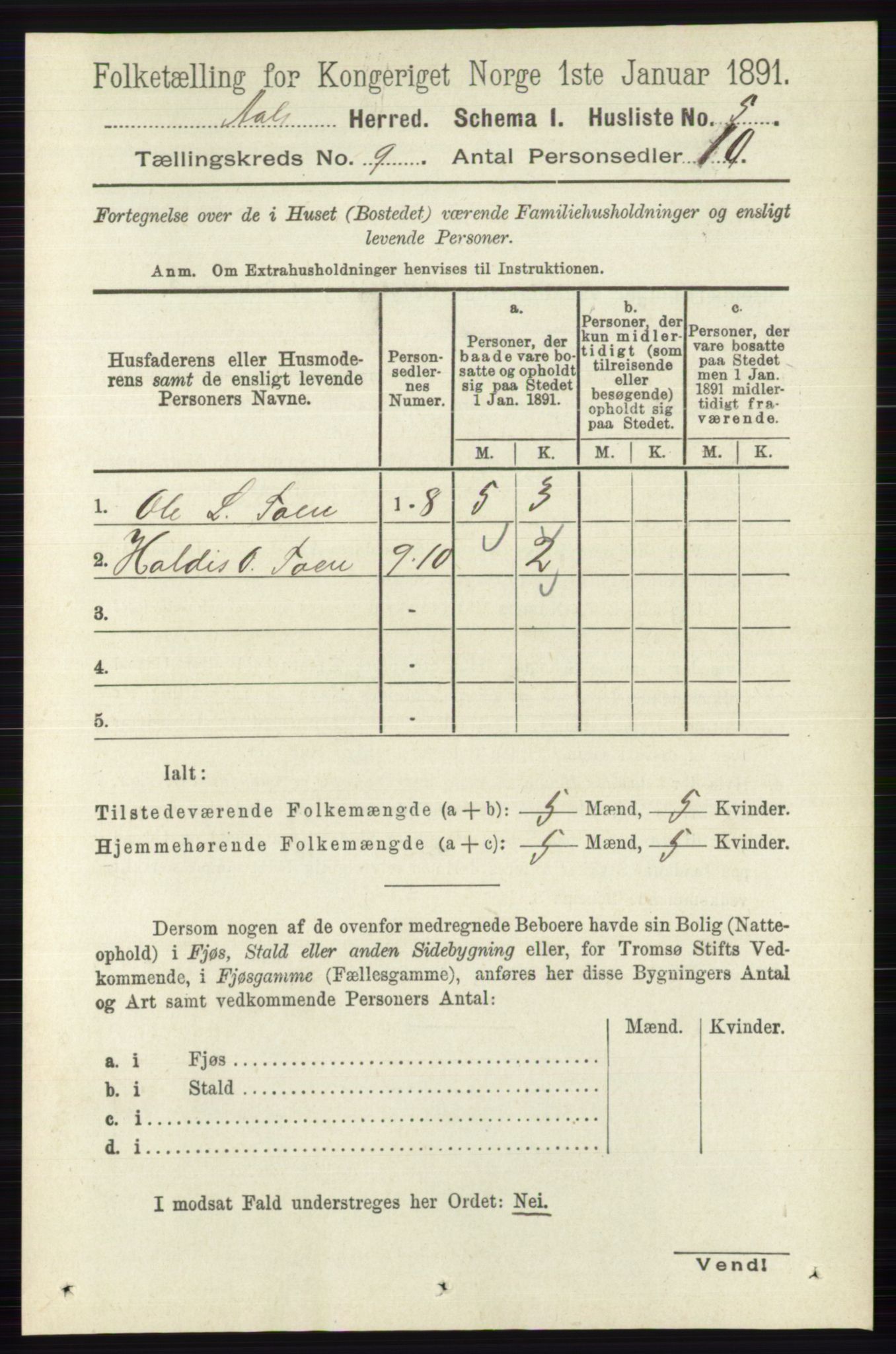 RA, 1891 census for 0619 Ål, 1891, p. 2450