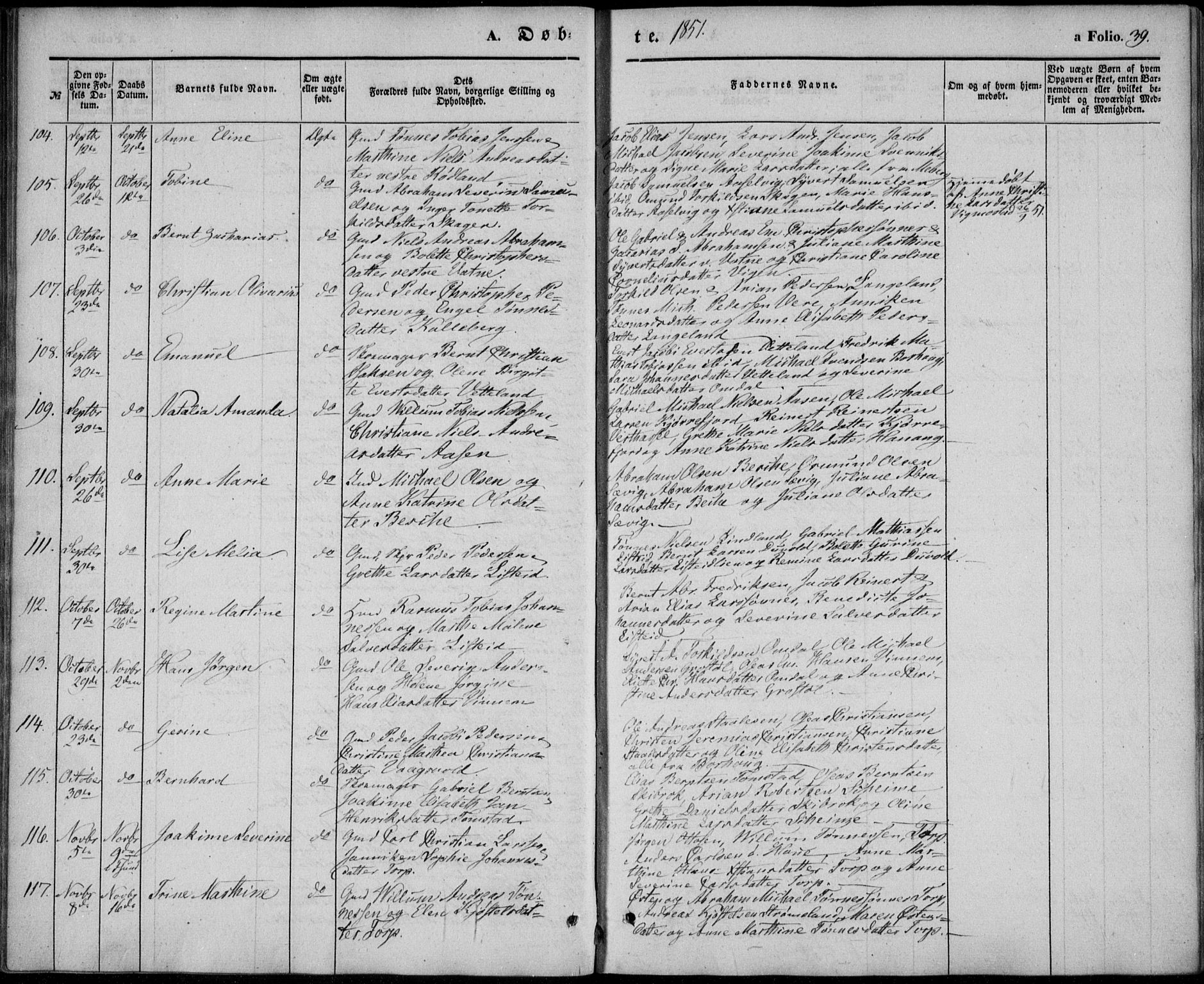 Lista sokneprestkontor, AV/SAK-1111-0027/F/Fb/L0002: Parish register (copy) no. B 2, 1847-1862, p. 39