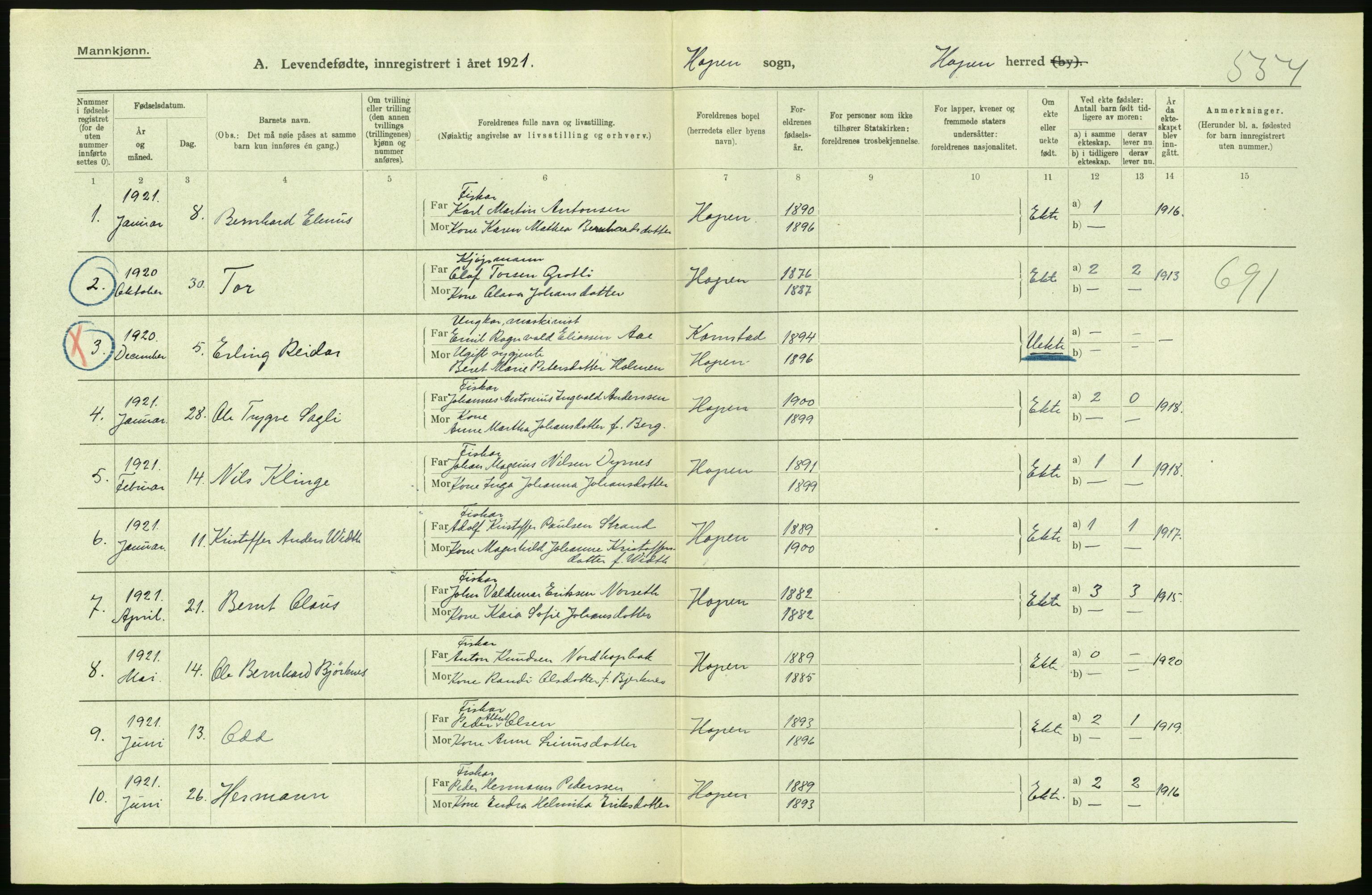 Statistisk sentralbyrå, Sosiodemografiske emner, Befolkning, RA/S-2228/D/Df/Dfc/Dfca/L0040: Møre fylke: Levendefødte menn og kvinner. Bygder., 1921, p. 638