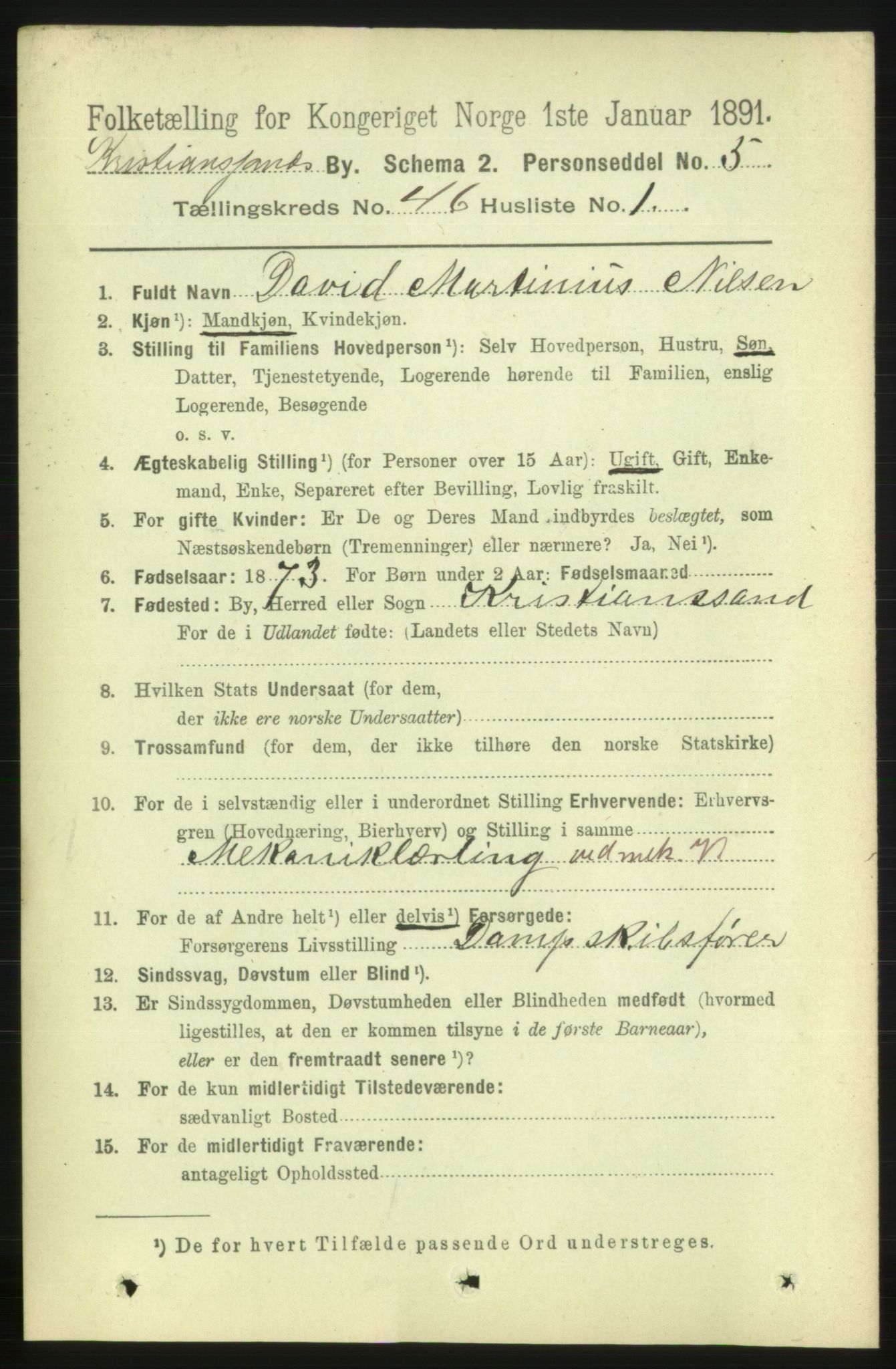 RA, 1891 census for 1001 Kristiansand, 1891, p. 14004