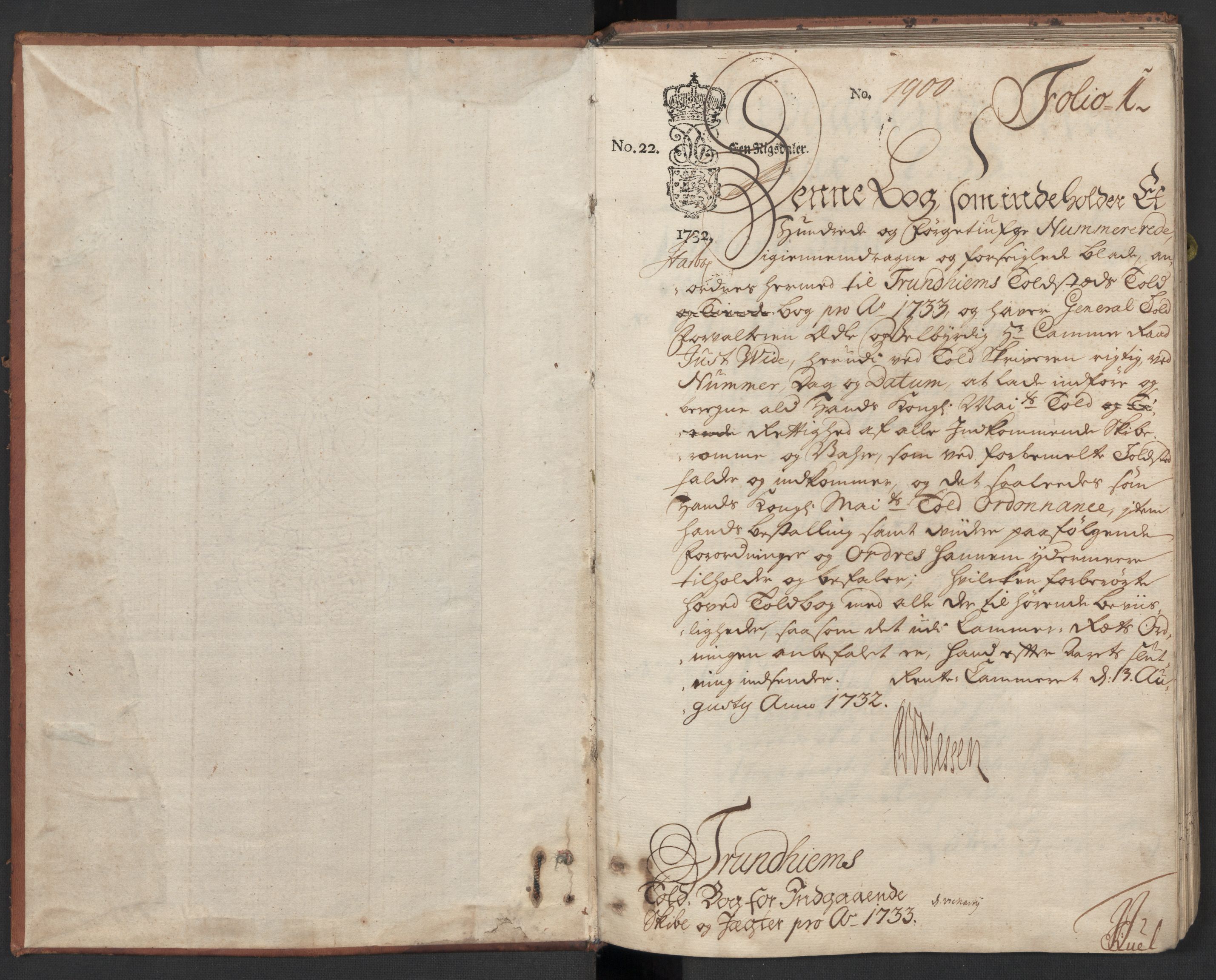 Generaltollkammeret, tollregnskaper, RA/EA-5490/R33/L0015/0001: Tollregnskaper Trondheim A / Inngående tollbok, 1733, p. 1a