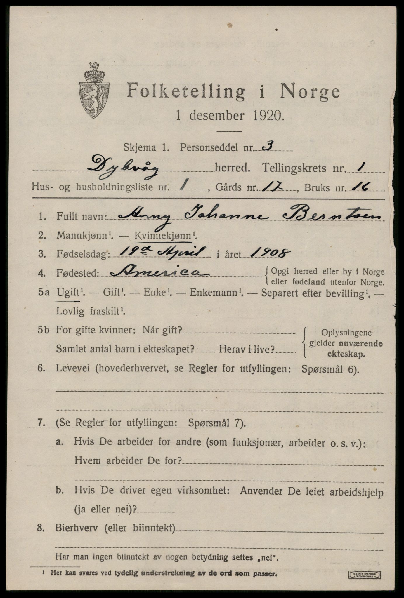 SAK, 1920 census for Dypvåg, 1920, p. 1311