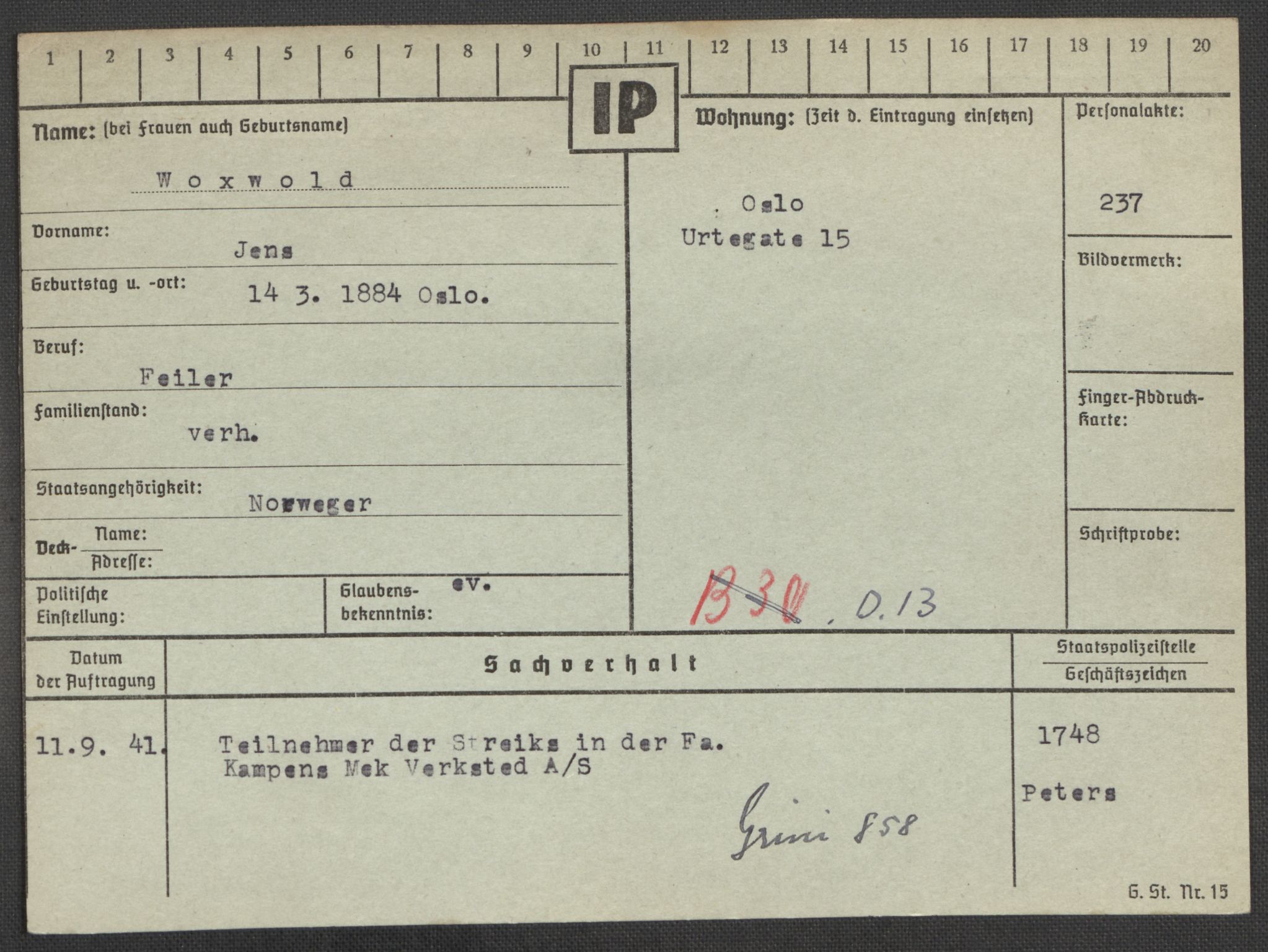 Befehlshaber der Sicherheitspolizei und des SD, AV/RA-RAFA-5969/E/Ea/Eaa/L0010: Register over norske fanger i Møllergata 19: Sø-Å, 1940-1945, p. 1126