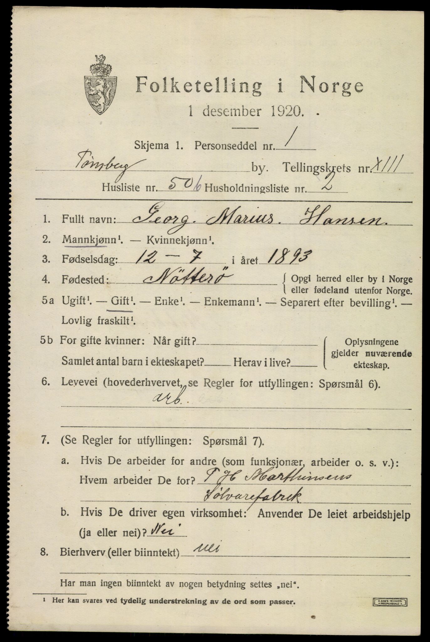 SAKO, 1920 census for Tønsberg, 1920, p. 22403