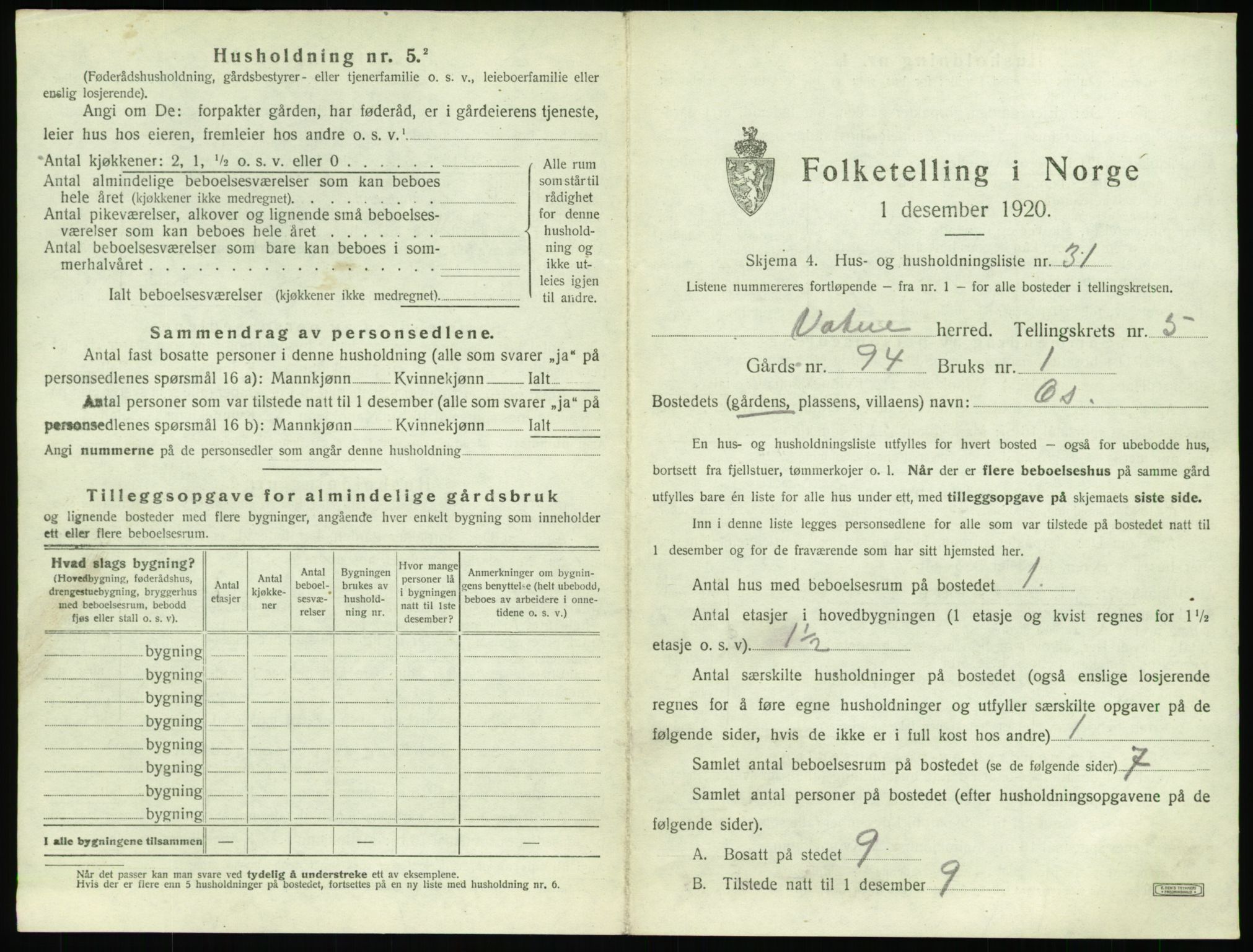 SAT, 1920 census for Vatne, 1920, p. 352