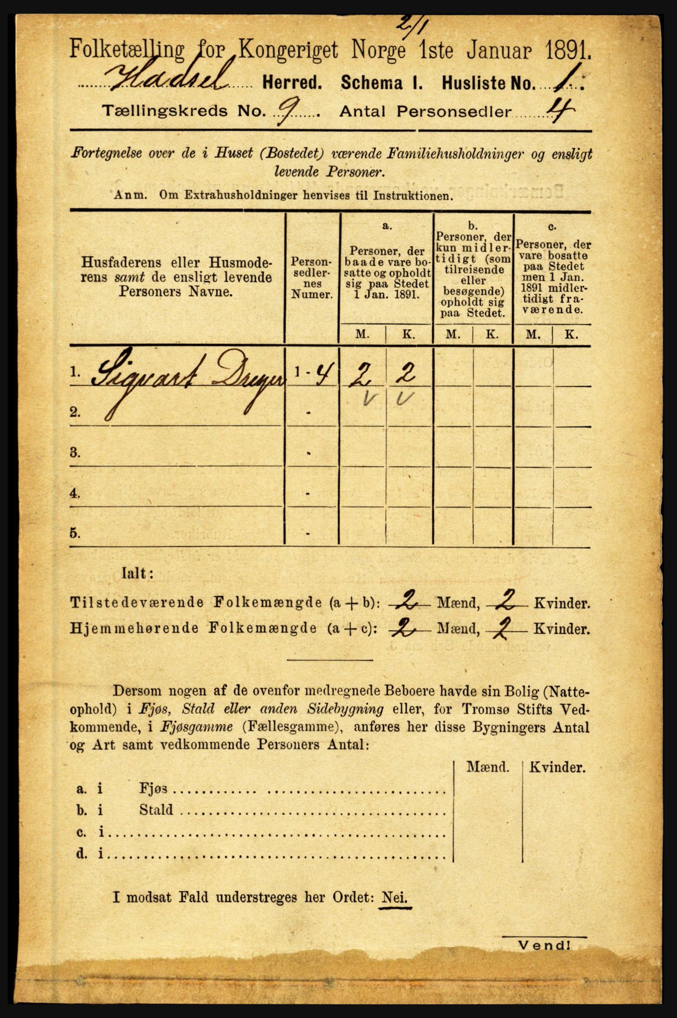 RA, 1891 census for 1866 Hadsel, 1891, p. 3885